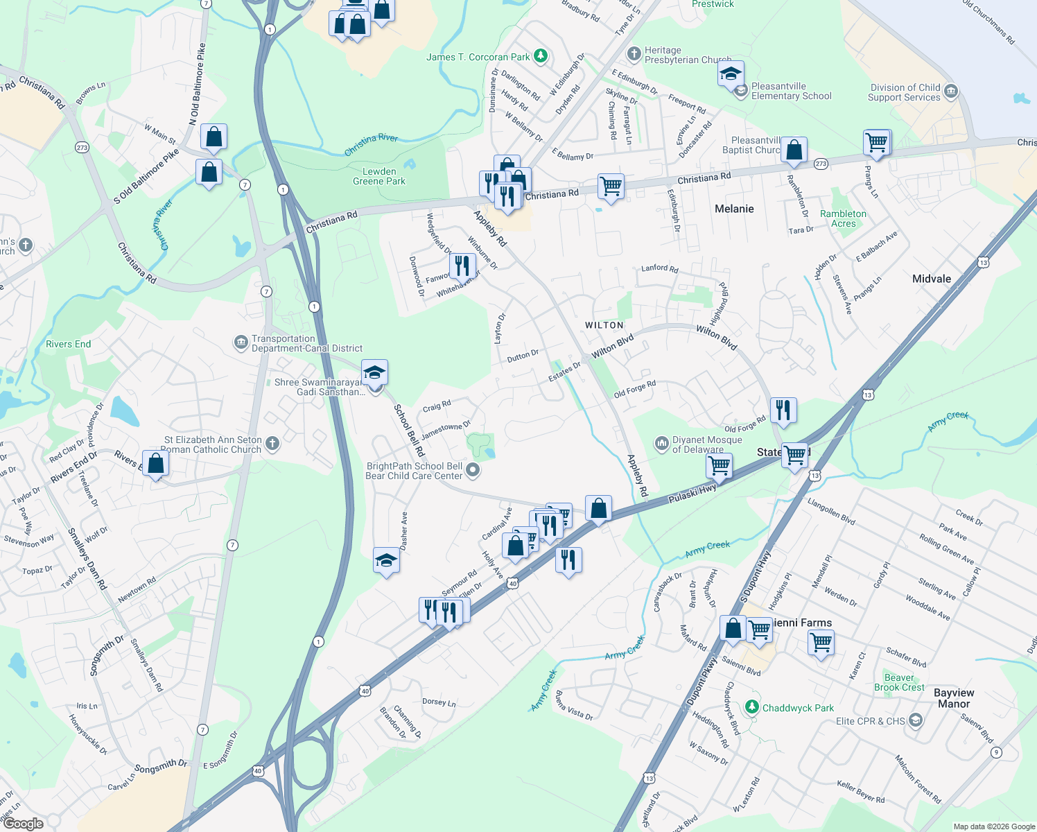 map of restaurants, bars, coffee shops, grocery stores, and more near 1054 Old Forge Road in New Castle