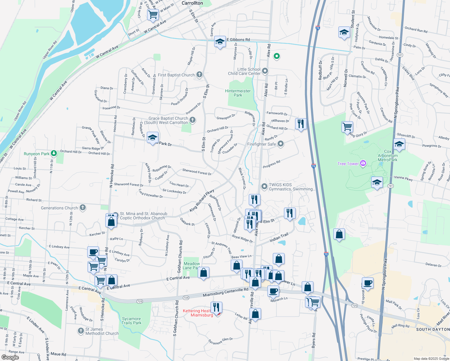map of restaurants, bars, coffee shops, grocery stores, and more near 1401 King Richard Parkway in Dayton