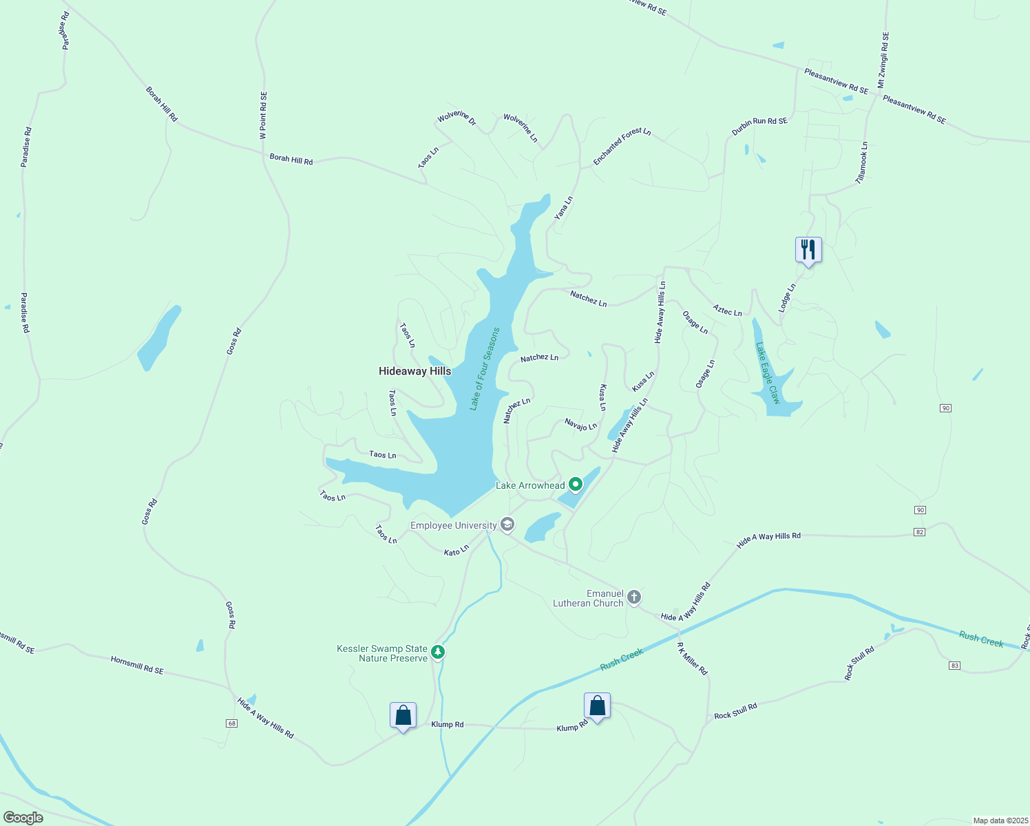 map of restaurants, bars, coffee shops, grocery stores, and more near 698 Natchez Lane in Sugar Grove