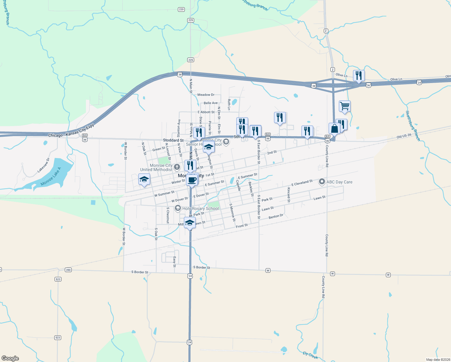 map of restaurants, bars, coffee shops, grocery stores, and more near Monroe Street in Monroe City
