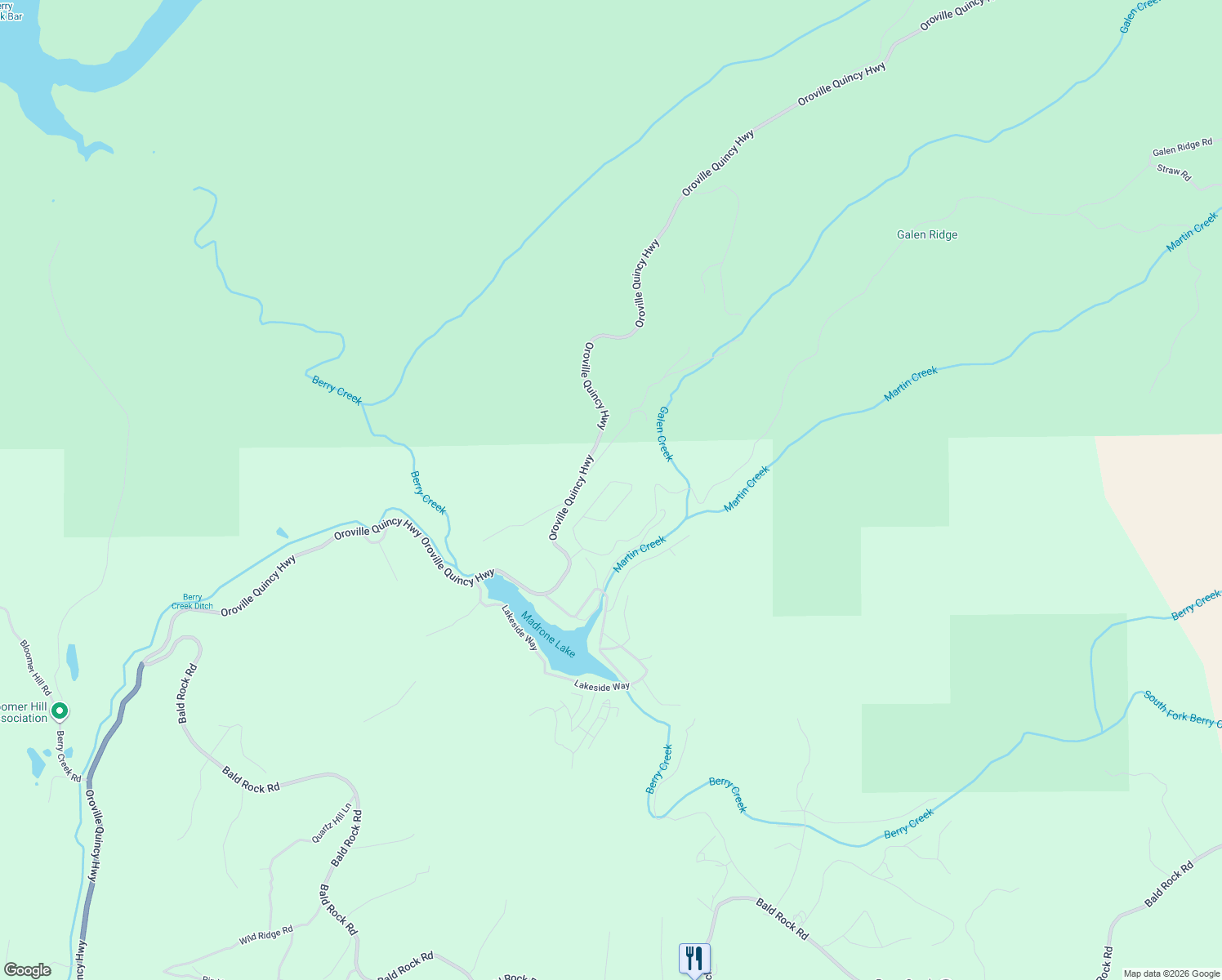 map of restaurants, bars, coffee shops, grocery stores, and more near 80 Meadow Lane Drive in Berry Creek
