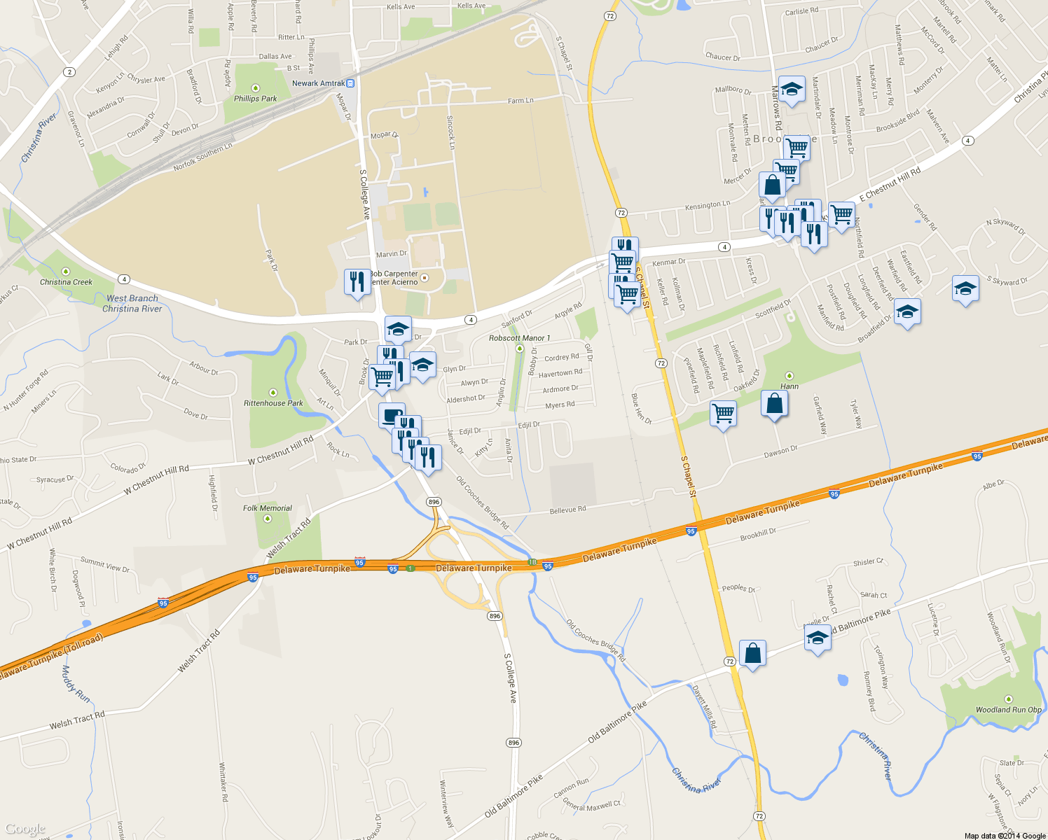 map of restaurants, bars, coffee shops, grocery stores, and more near 302 Edjil Drive in Newark