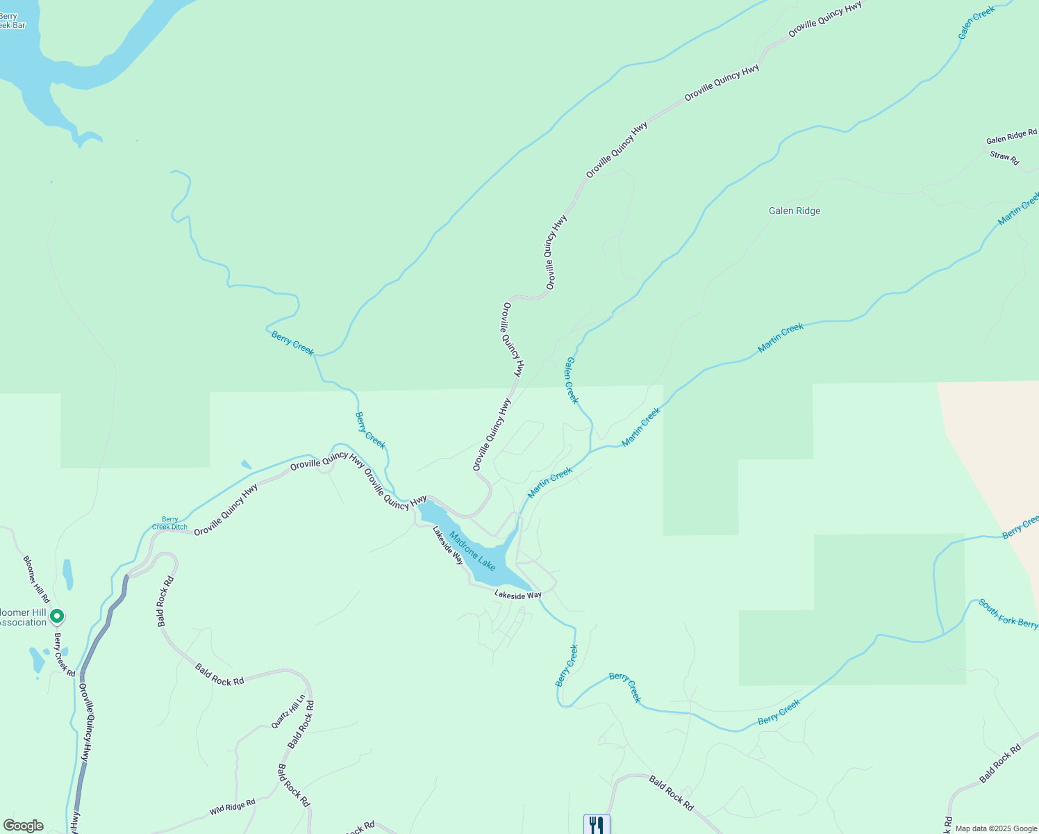 map of restaurants, bars, coffee shops, grocery stores, and more near 89 Meadow Lane Drive in Berry Creek