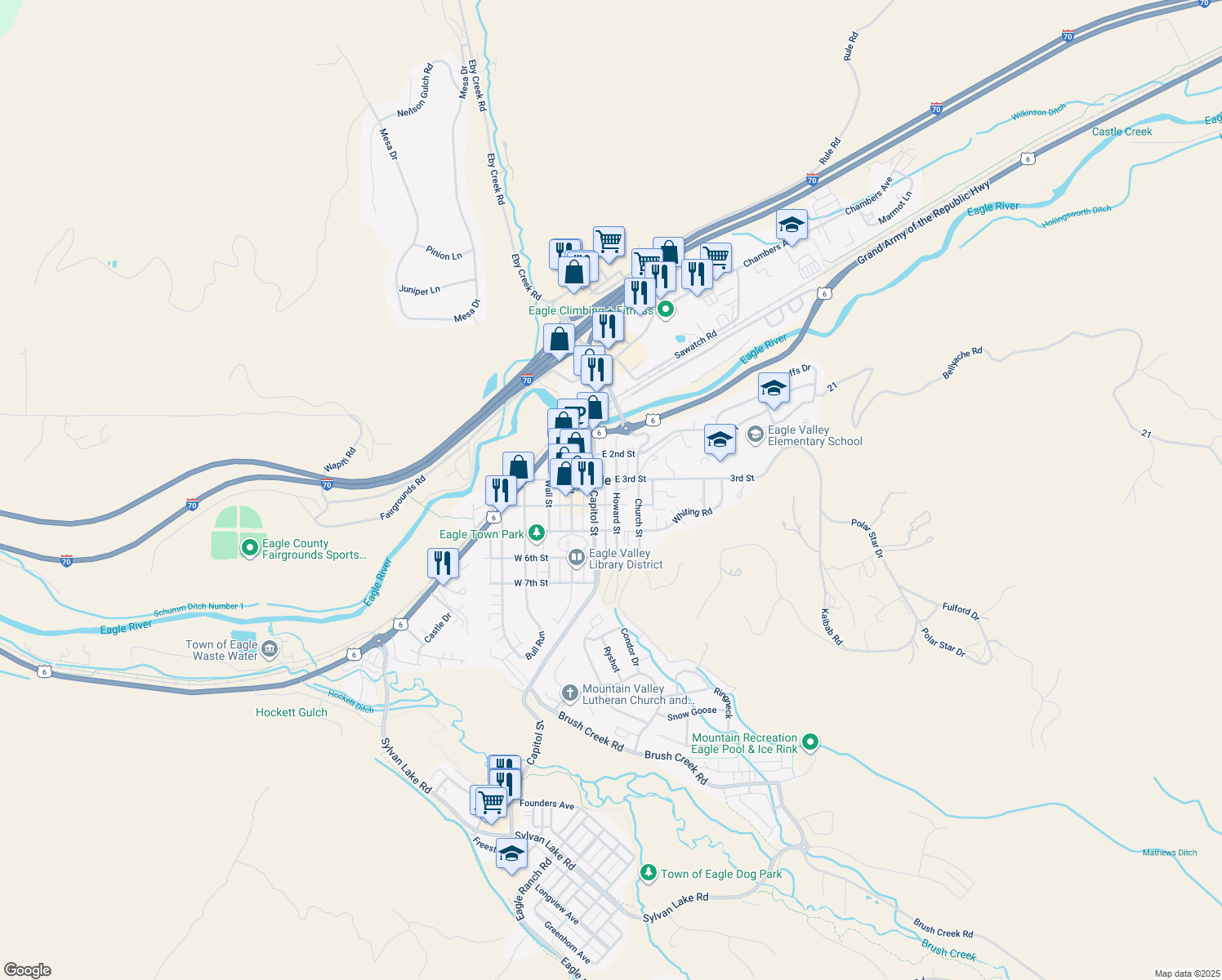 map of restaurants, bars, coffee shops, grocery stores, and more near 319 Howard St in Eagle