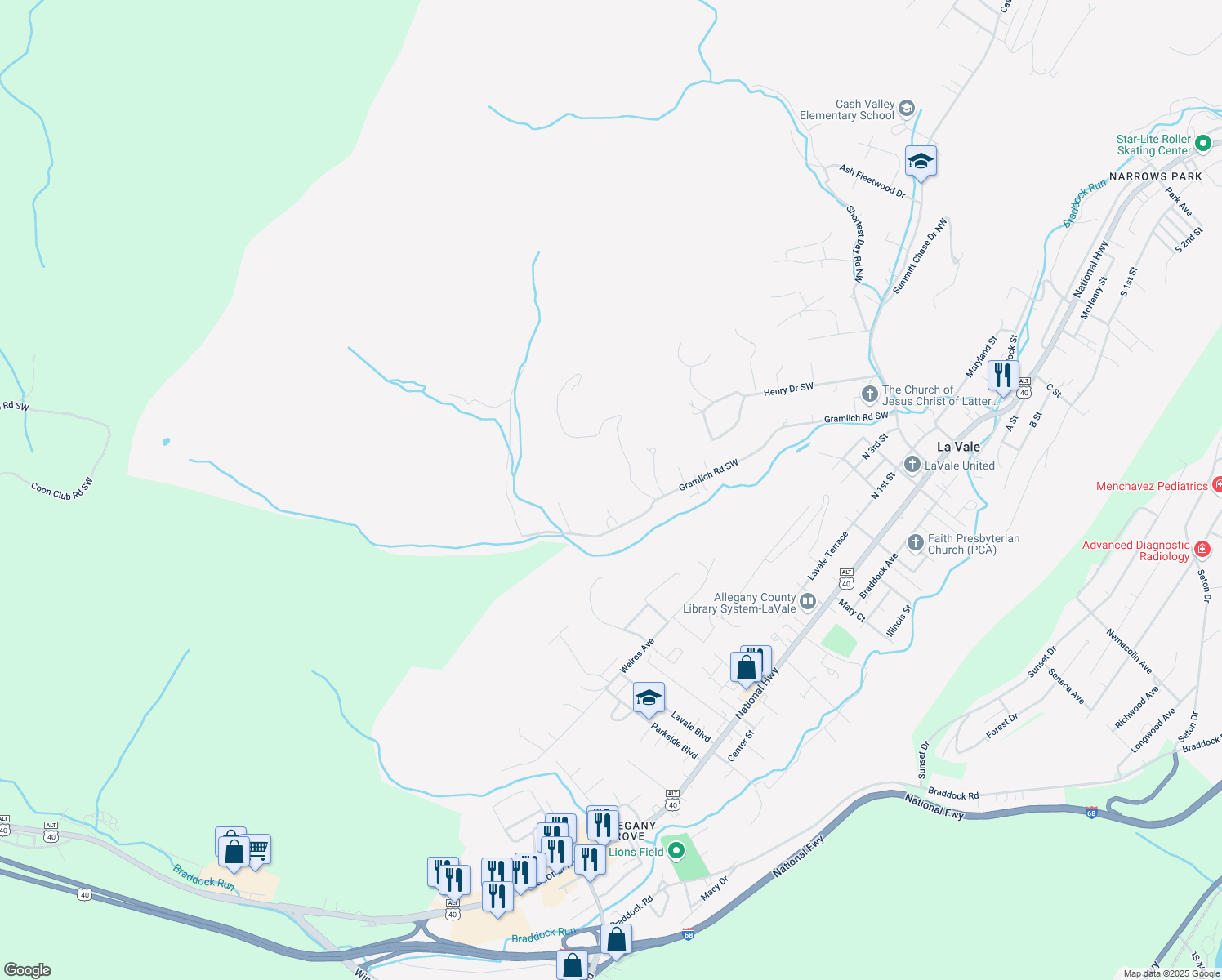 map of restaurants, bars, coffee shops, grocery stores, and more near 12909 Gramlich Road Southwest in La Vale