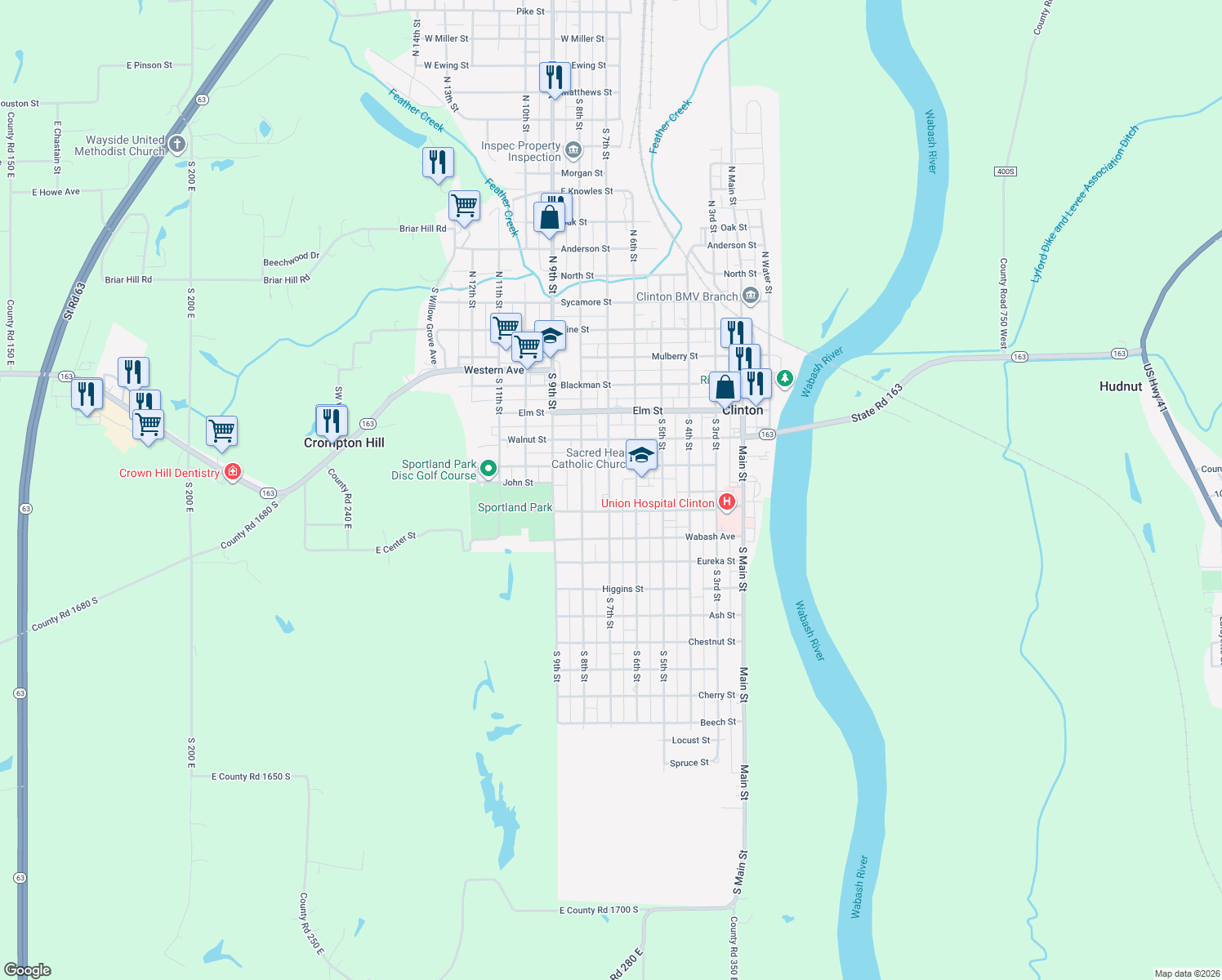 map of restaurants, bars, coffee shops, grocery stores, and more near 712 S 7th St in Clinton