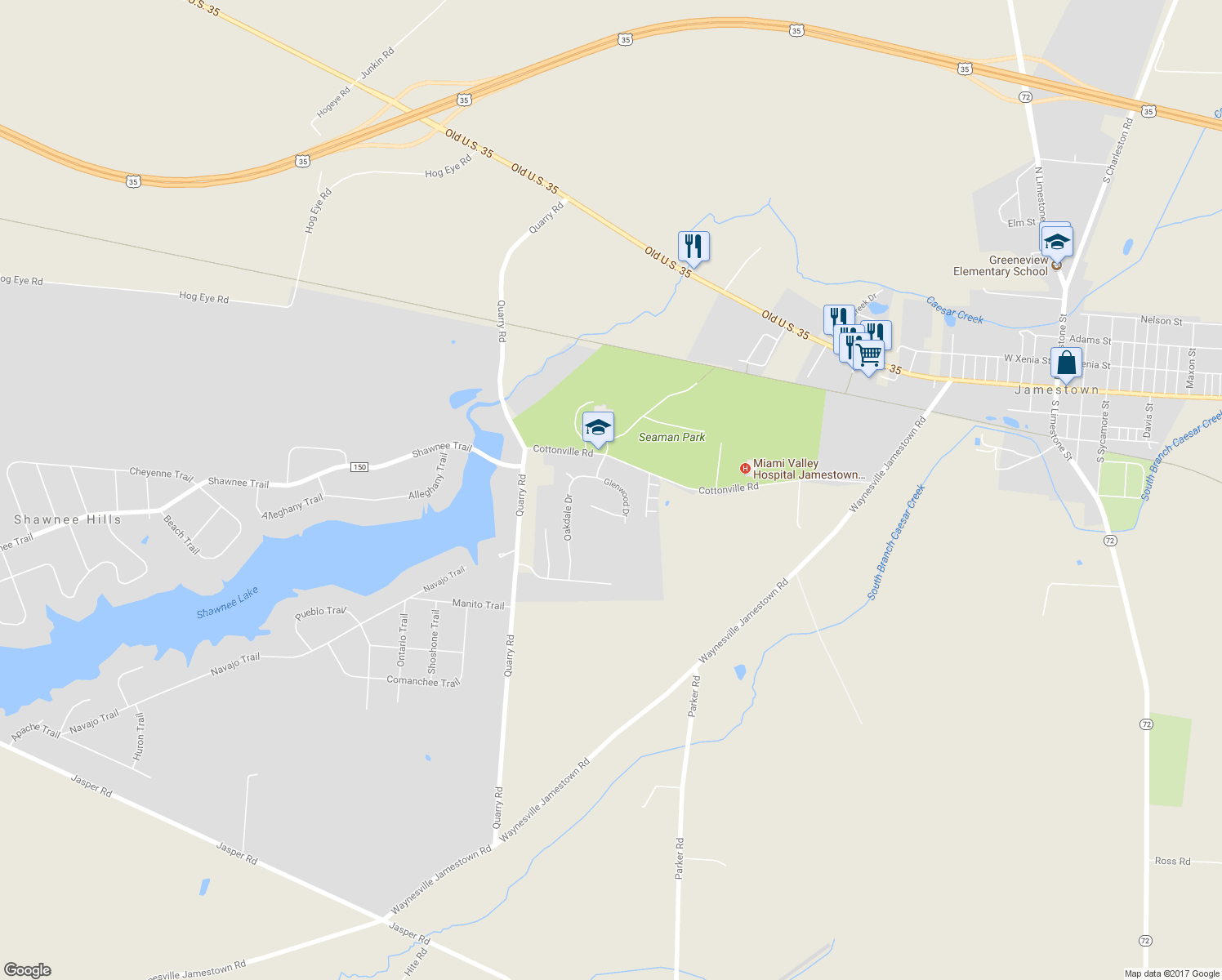 map of restaurants, bars, coffee shops, grocery stores, and more near 753 Glenwood Drive in Jamestown