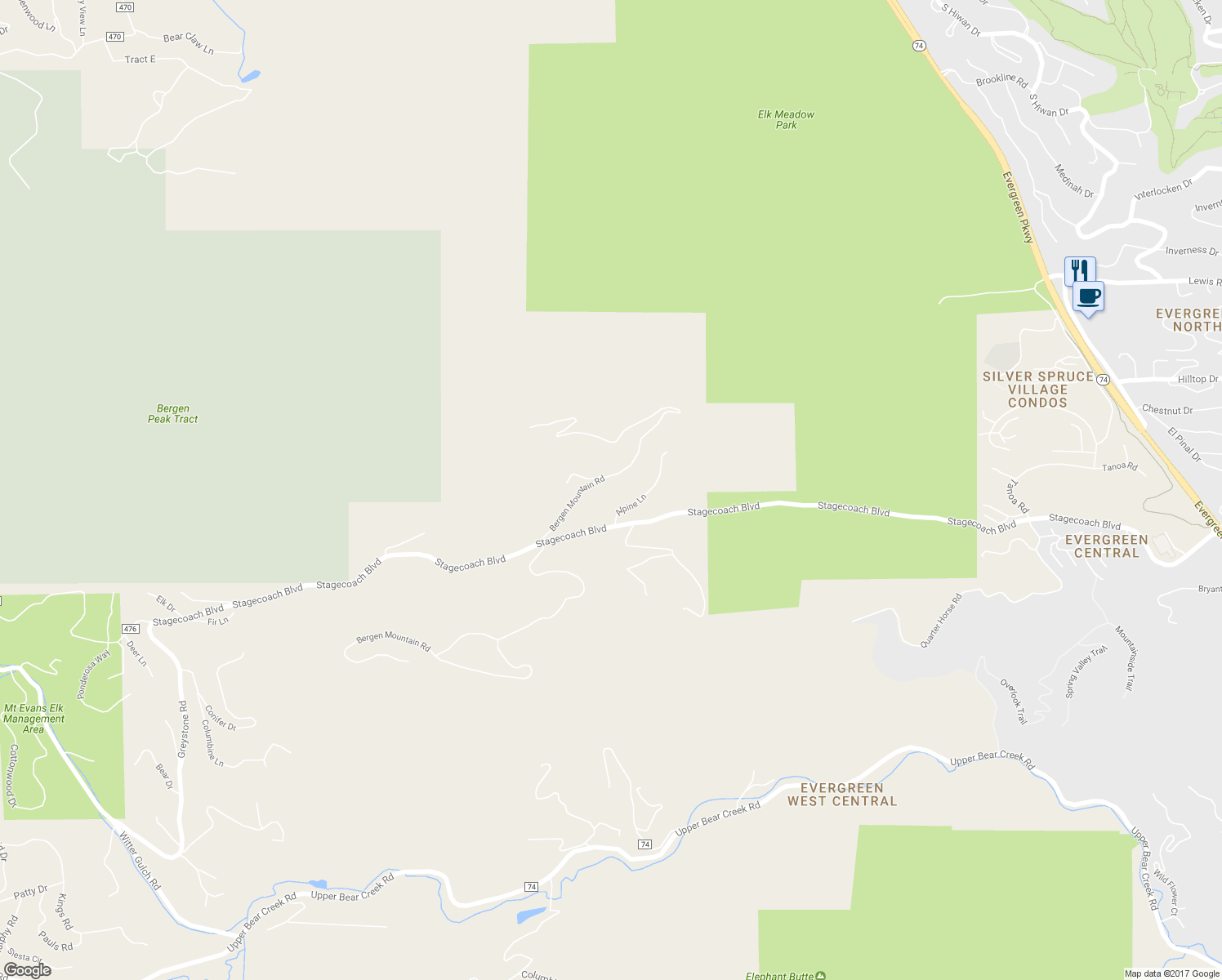 map of restaurants, bars, coffee shops, grocery stores, and more near 33254 Bergen Mountain Road in Evergreen