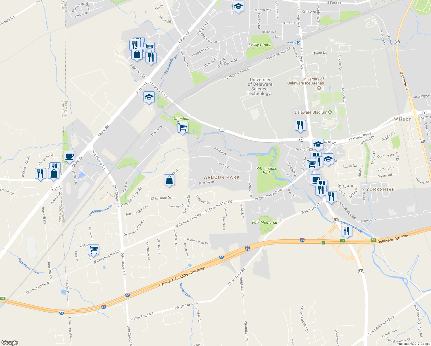 map of restaurants, bars, coffee shops, grocery stores, and more near 403 Dove Drive in Newark
