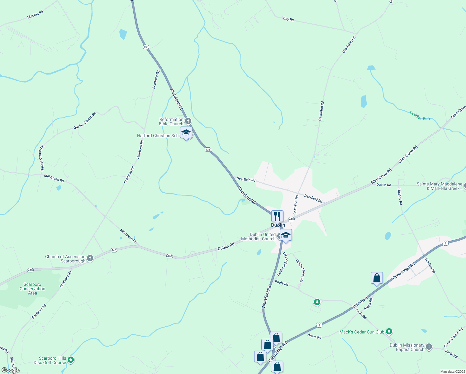 map of restaurants, bars, coffee shops, grocery stores, and more near 1636 Whiteford Road in Darlington