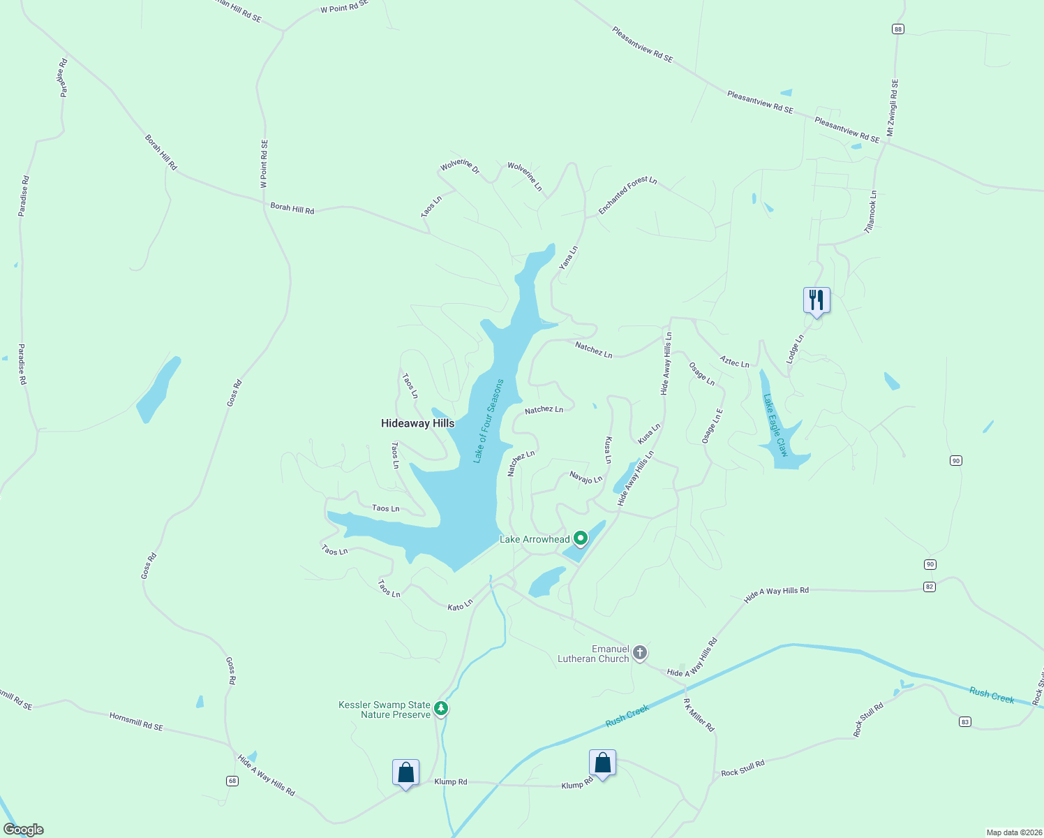 map of restaurants, bars, coffee shops, grocery stores, and more near 660 Natchez Lane in Sugar Grove