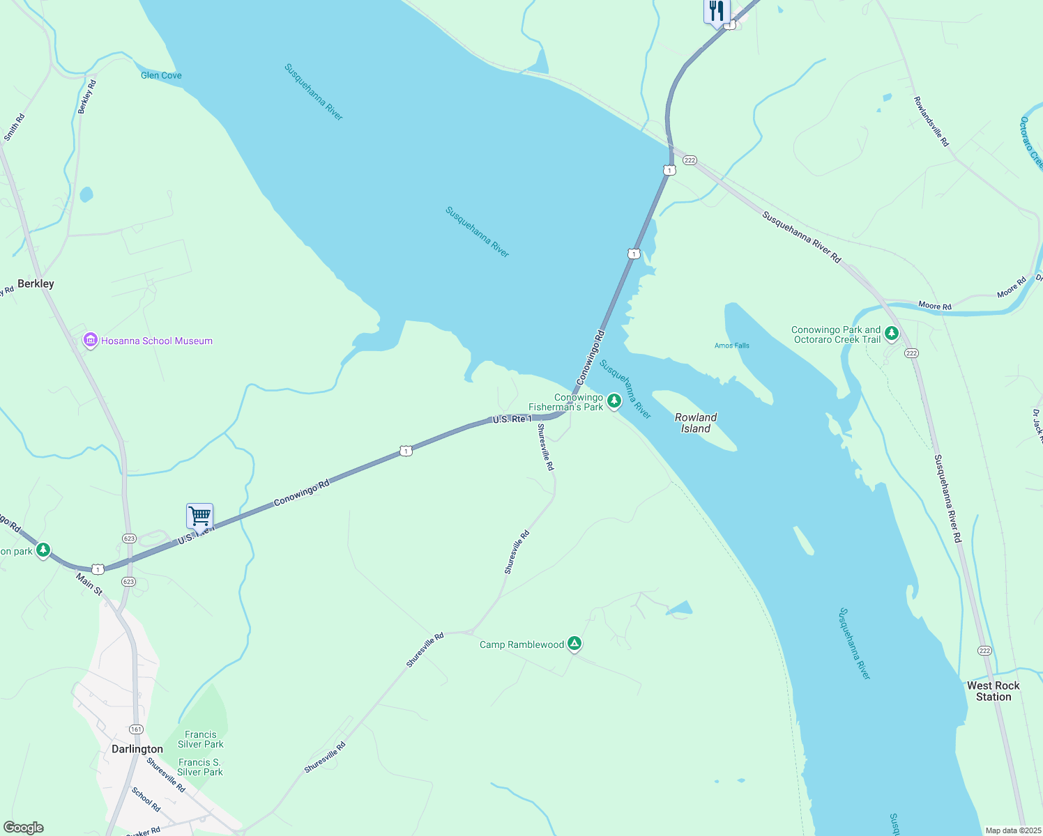 map of restaurants, bars, coffee shops, grocery stores, and more near 4948 Conowingo Road in Darlington