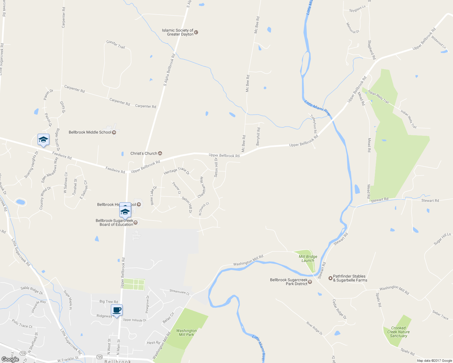 map of restaurants, bars, coffee shops, grocery stores, and more near 1261 Settler's Bay Court in Bellbrook
