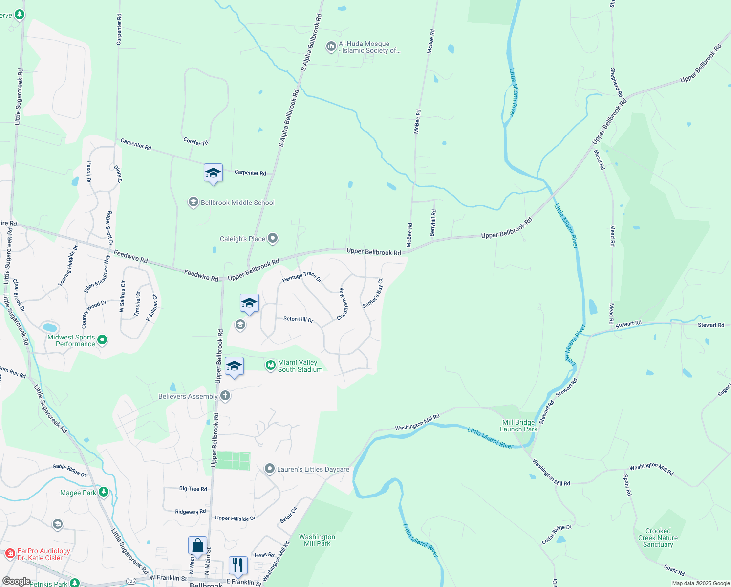 map of restaurants, bars, coffee shops, grocery stores, and more near 3109 Seton Hill Dr in Bellbrook