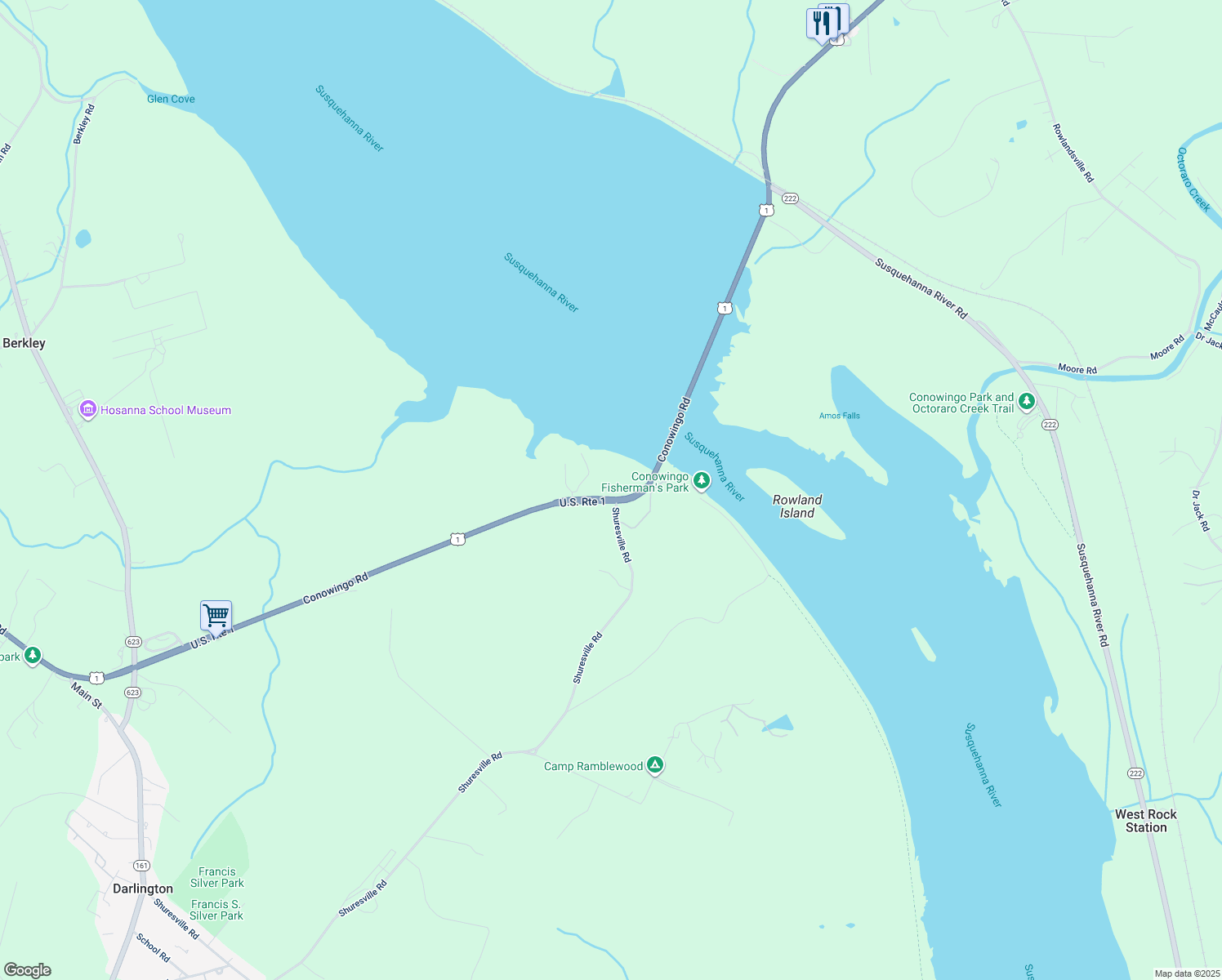 map of restaurants, bars, coffee shops, grocery stores, and more near 4948 Conowingo Road in Darlington