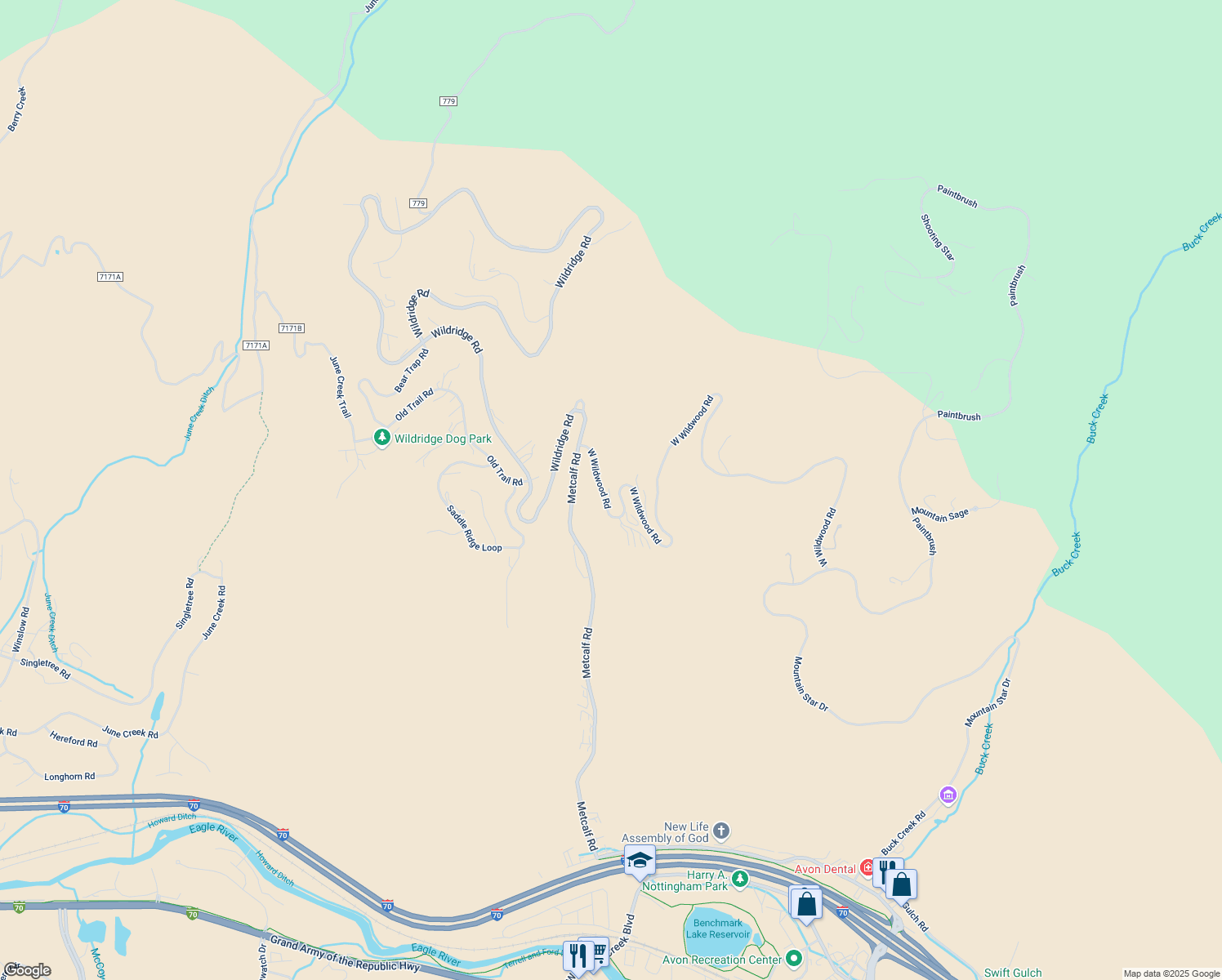 map of restaurants, bars, coffee shops, grocery stores, and more near 1002 West Wildwood Road in Edwards