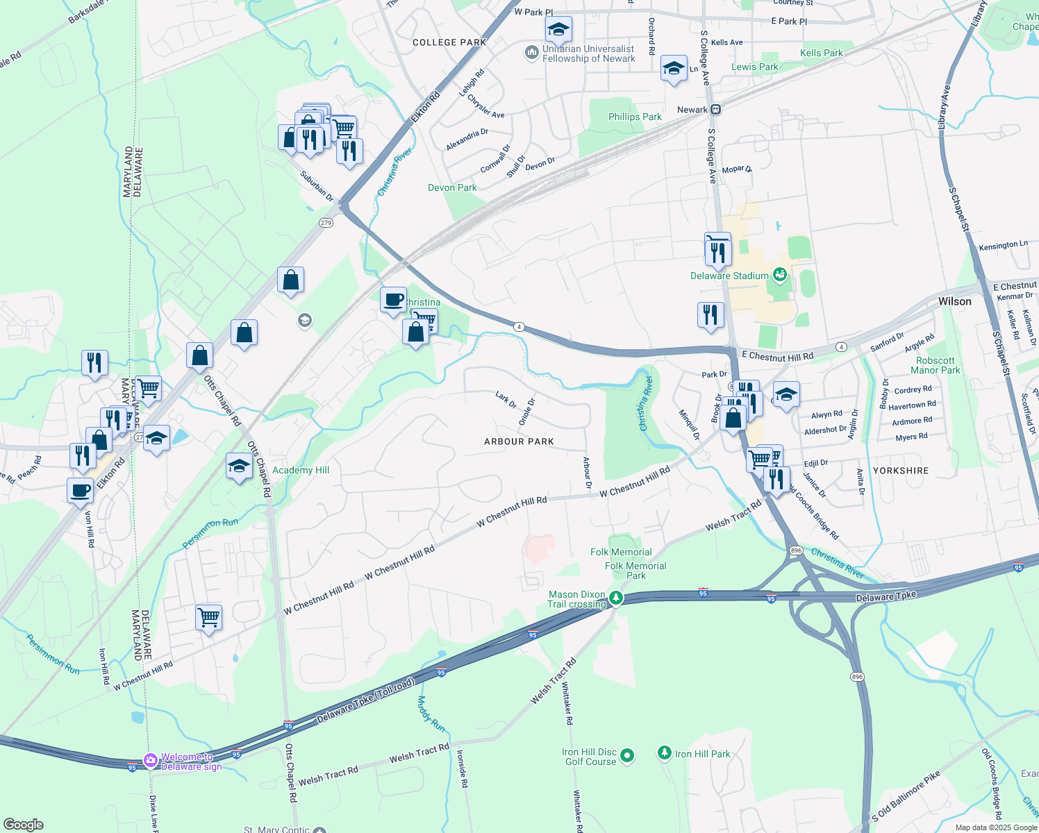 map of restaurants, bars, coffee shops, grocery stores, and more near 768 Oriole Dr in Newark