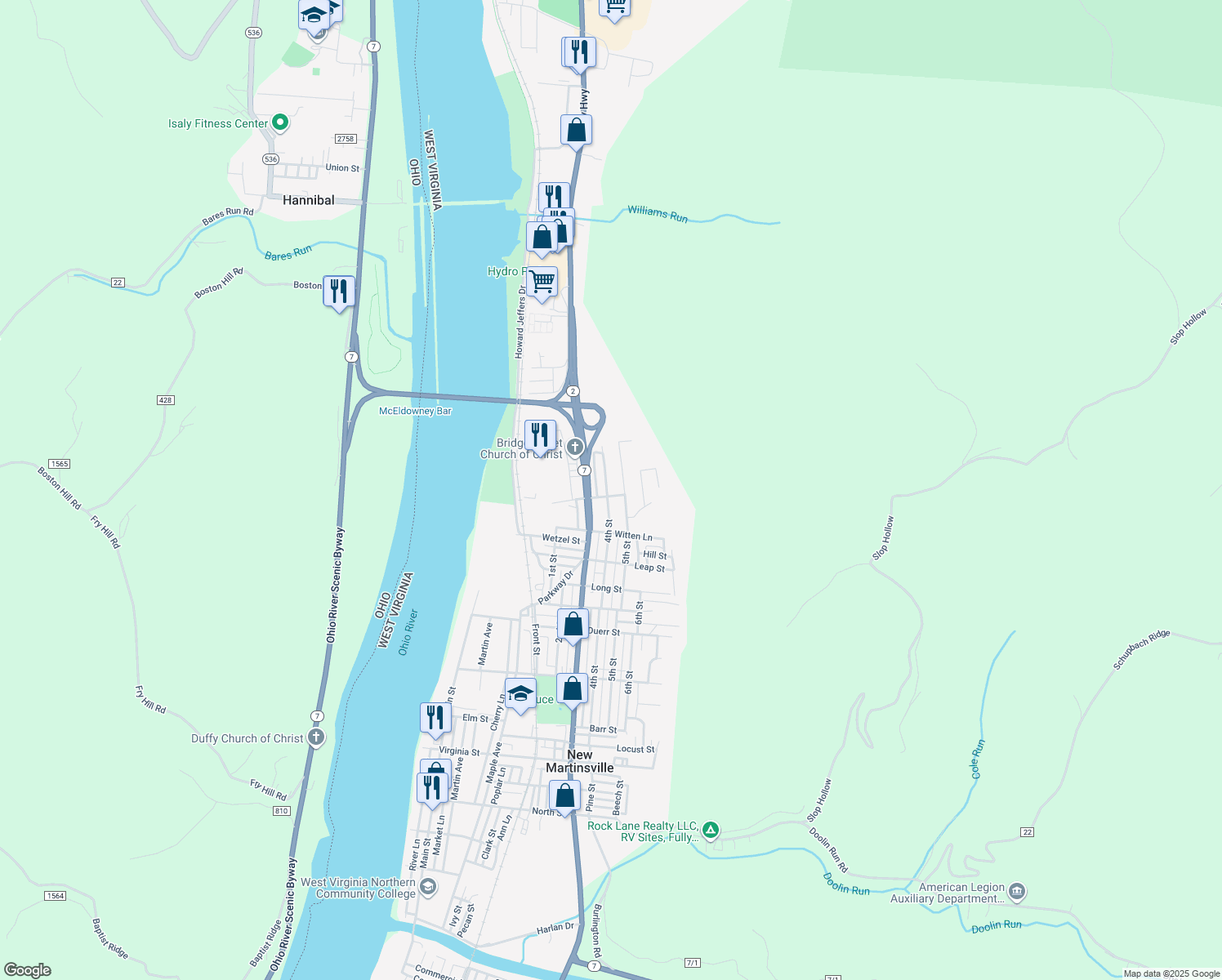 map of restaurants, bars, coffee shops, grocery stores, and more near 1105 4th St in New Martinsville
