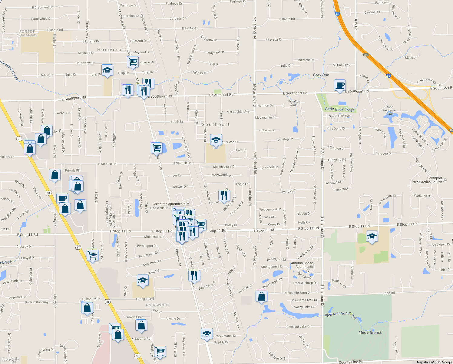 map of restaurants, bars, coffee shops, grocery stores, and more near 2736 Eddington Rd in Southport