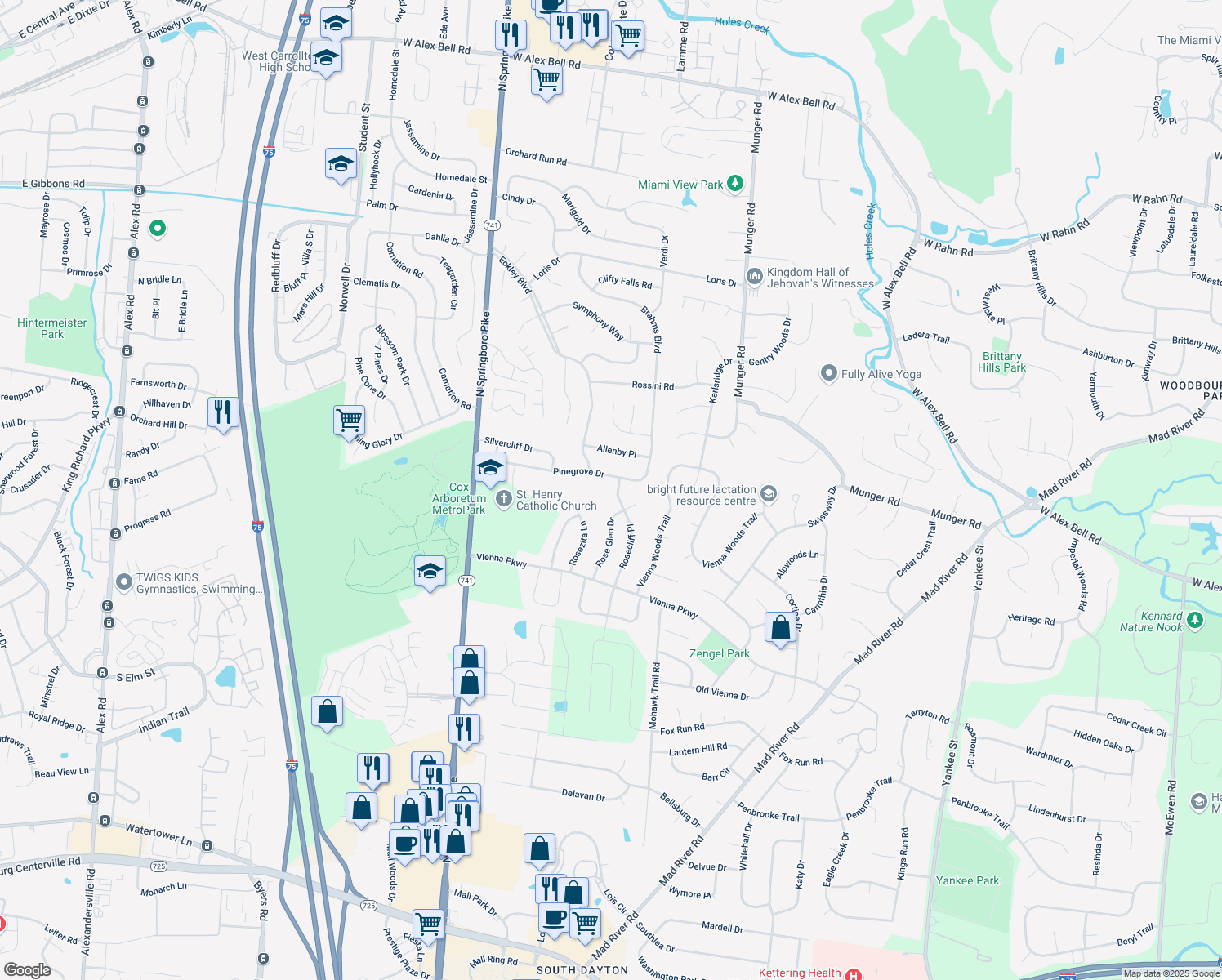 map of restaurants, bars, coffee shops, grocery stores, and more near 6625 Rosecliff Place in Dayton