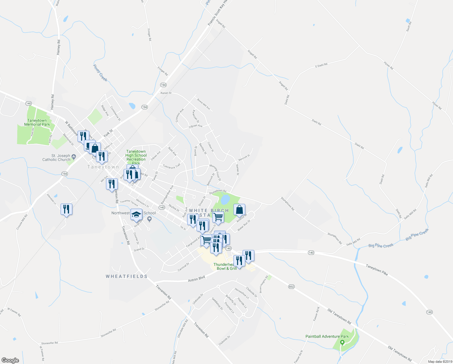 map of restaurants, bars, coffee shops, grocery stores, and more near 112 Morning Frost Street in Taneytown
