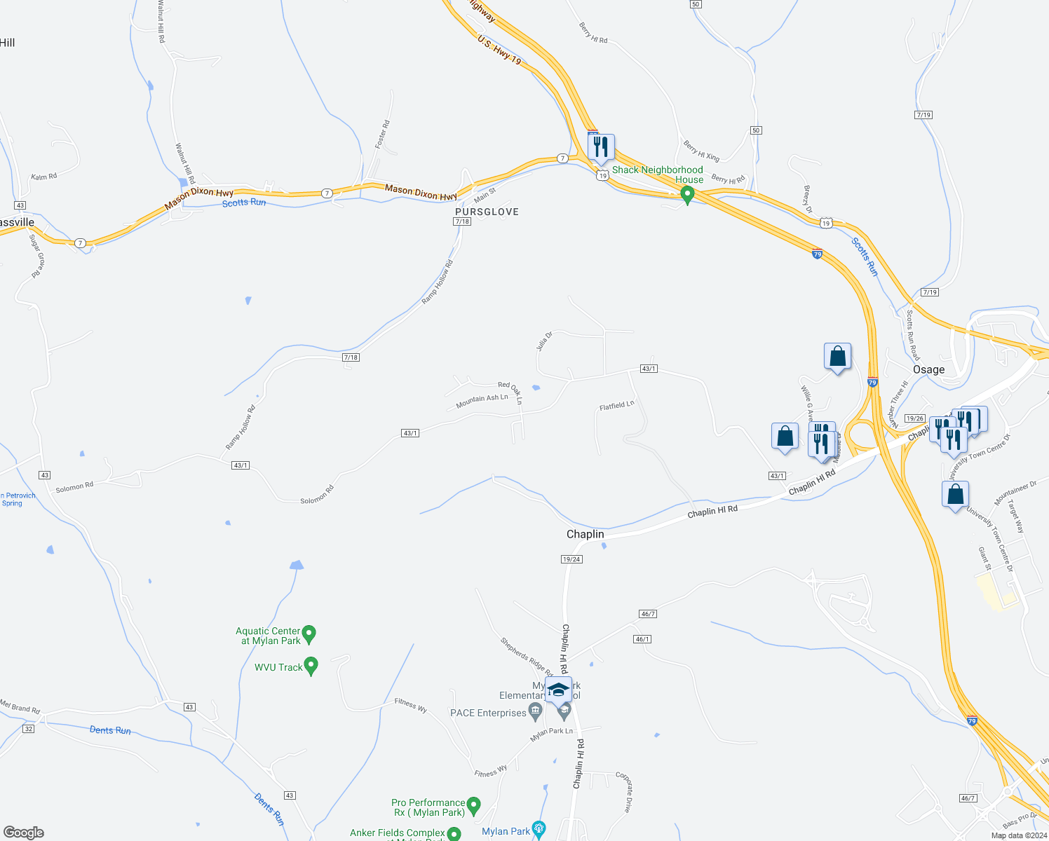 map of restaurants, bars, coffee shops, grocery stores, and more near 518 Solomon Road in Morgantown