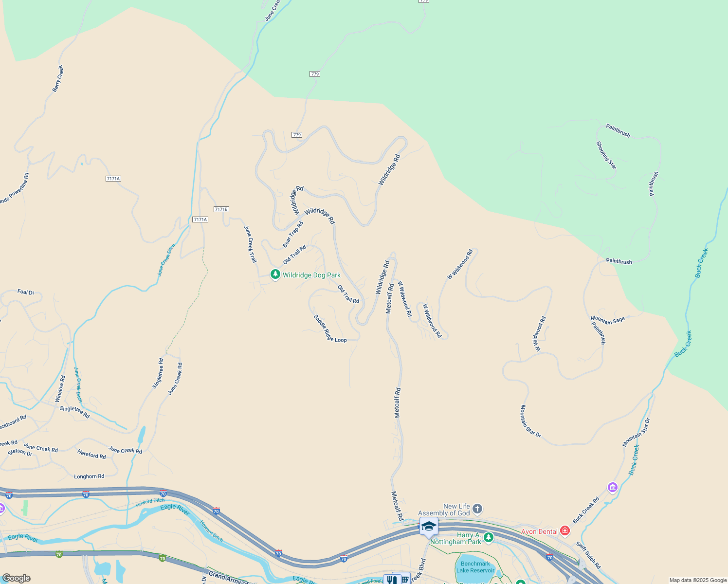 map of restaurants, bars, coffee shops, grocery stores, and more near 3028 Wildridge Road in Edwards