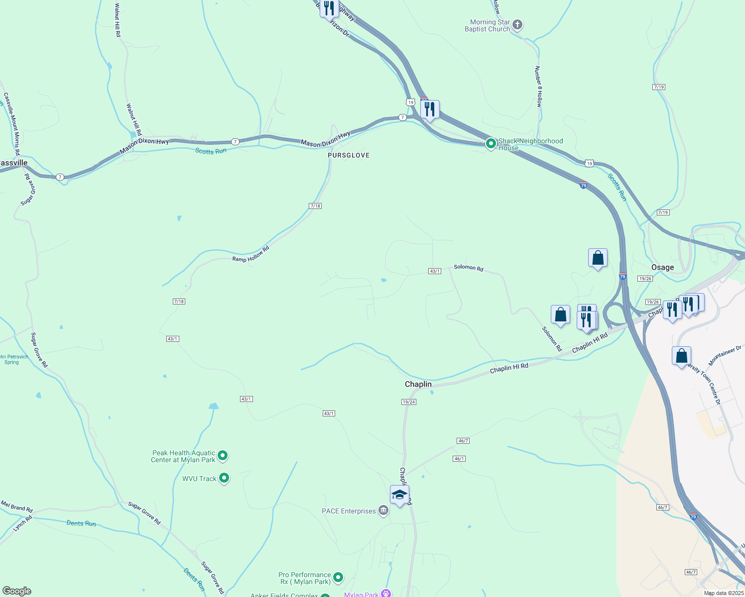 map of restaurants, bars, coffee shops, grocery stores, and more near 518 Solomon Road in Morgantown
