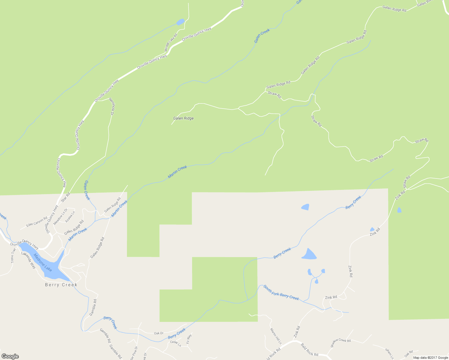 map of restaurants, bars, coffee shops, grocery stores, and more near Lake Madrone Road in Berry Creek