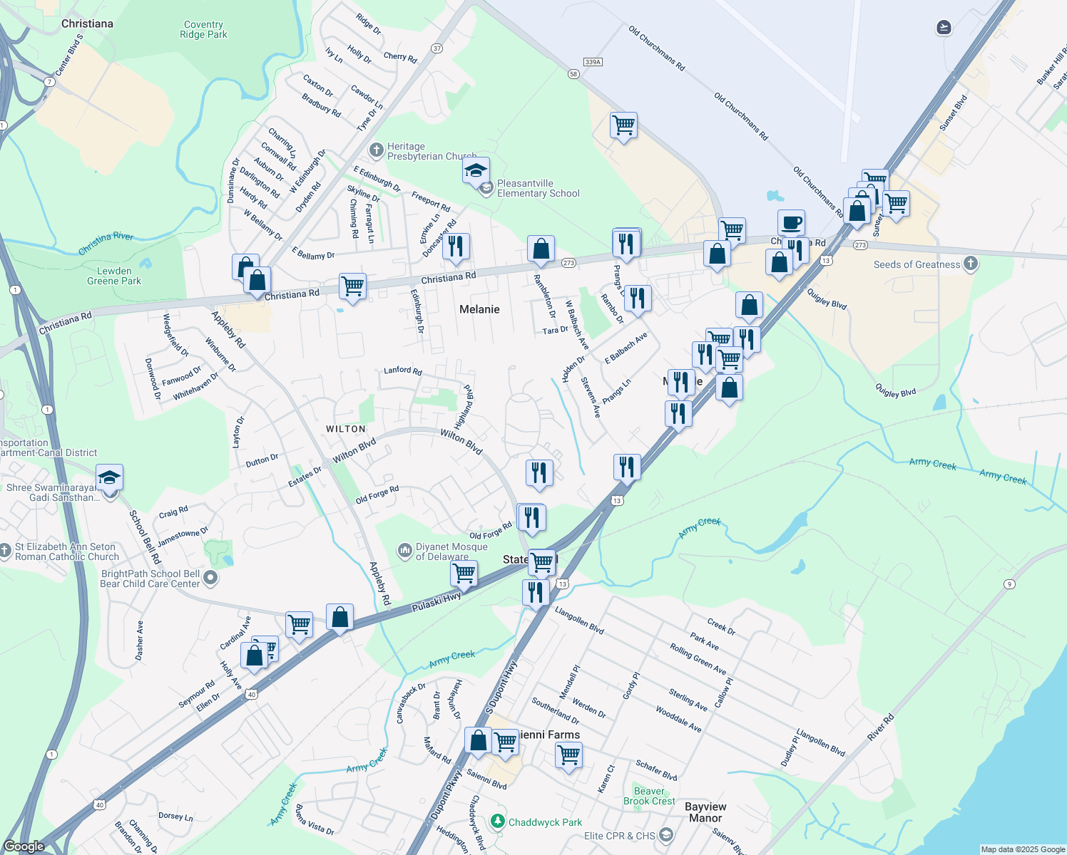 map of restaurants, bars, coffee shops, grocery stores, and more near 241 Stonebridge Boulevard in New Castle