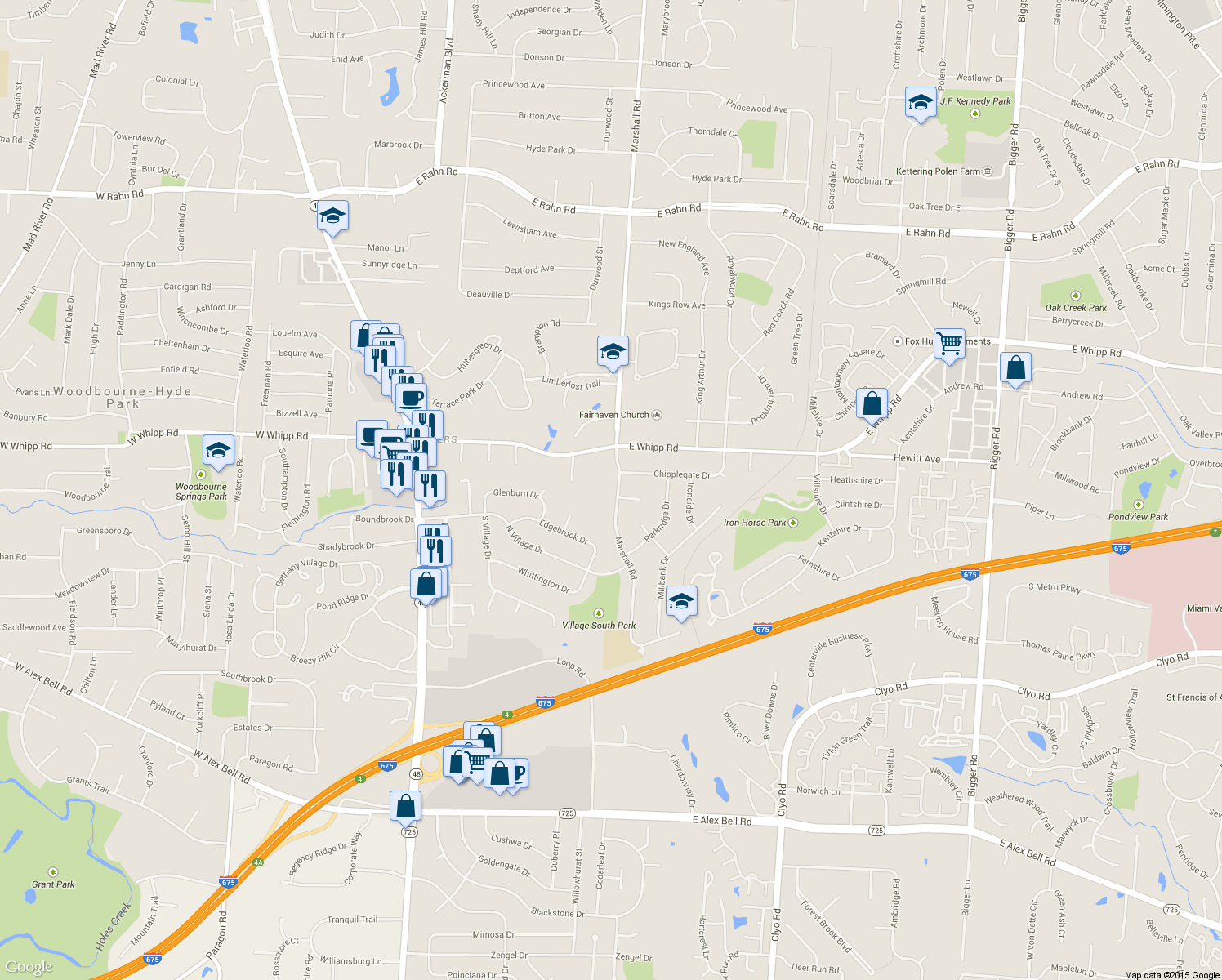 map of restaurants, bars, coffee shops, grocery stores, and more near 6061 Marshall Road in Dayton