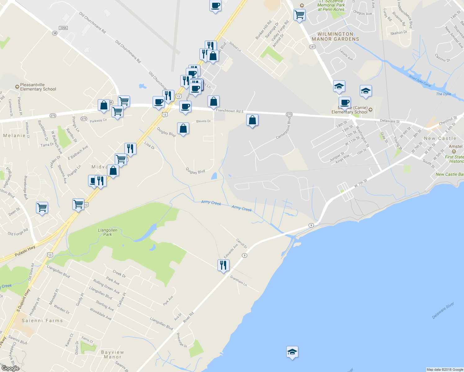 map of restaurants, bars, coffee shops, grocery stores, and more near 588 Arrowgrass Lane in New Castle