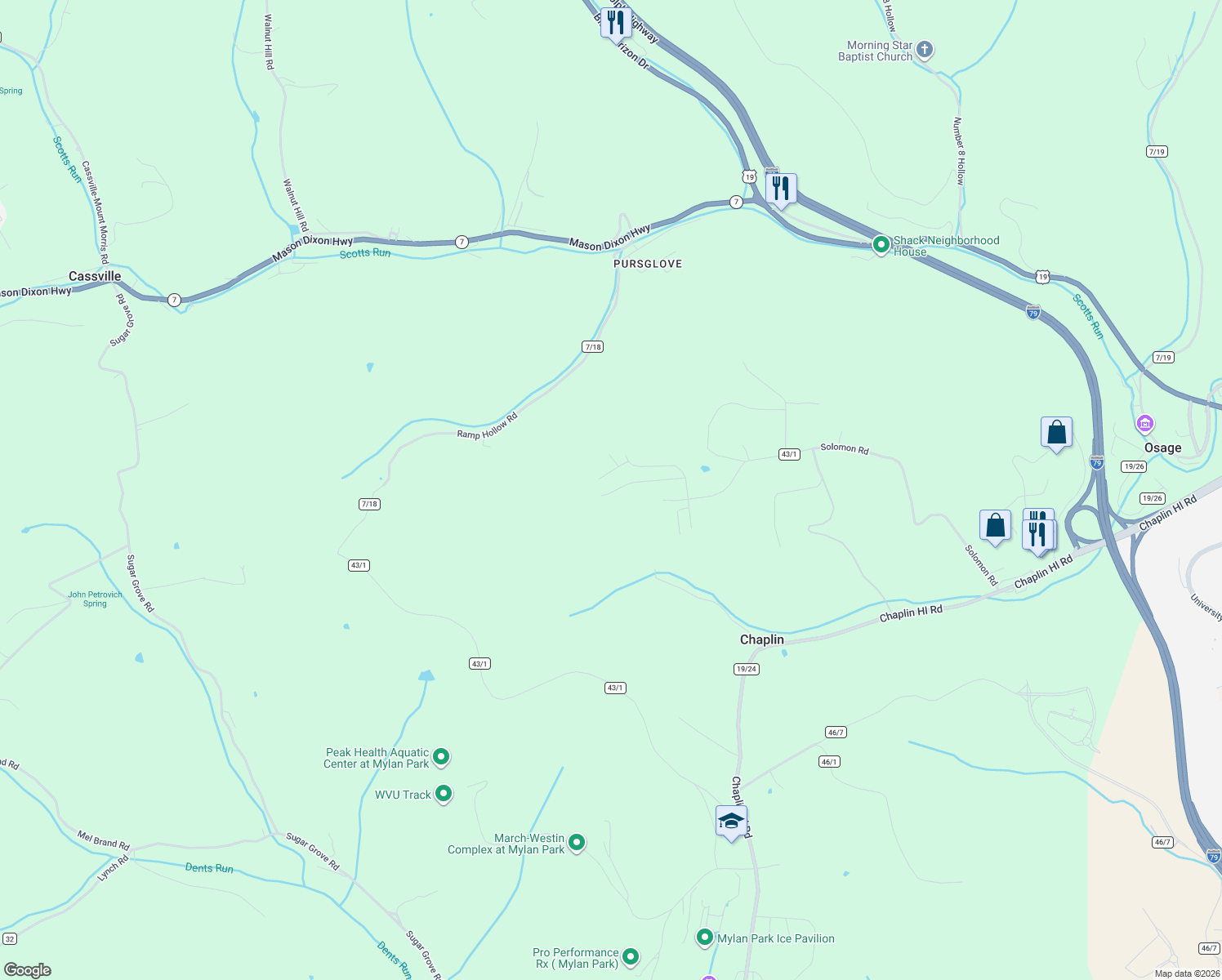 map of restaurants, bars, coffee shops, grocery stores, and more near 518 Gallus Road in Morgantown