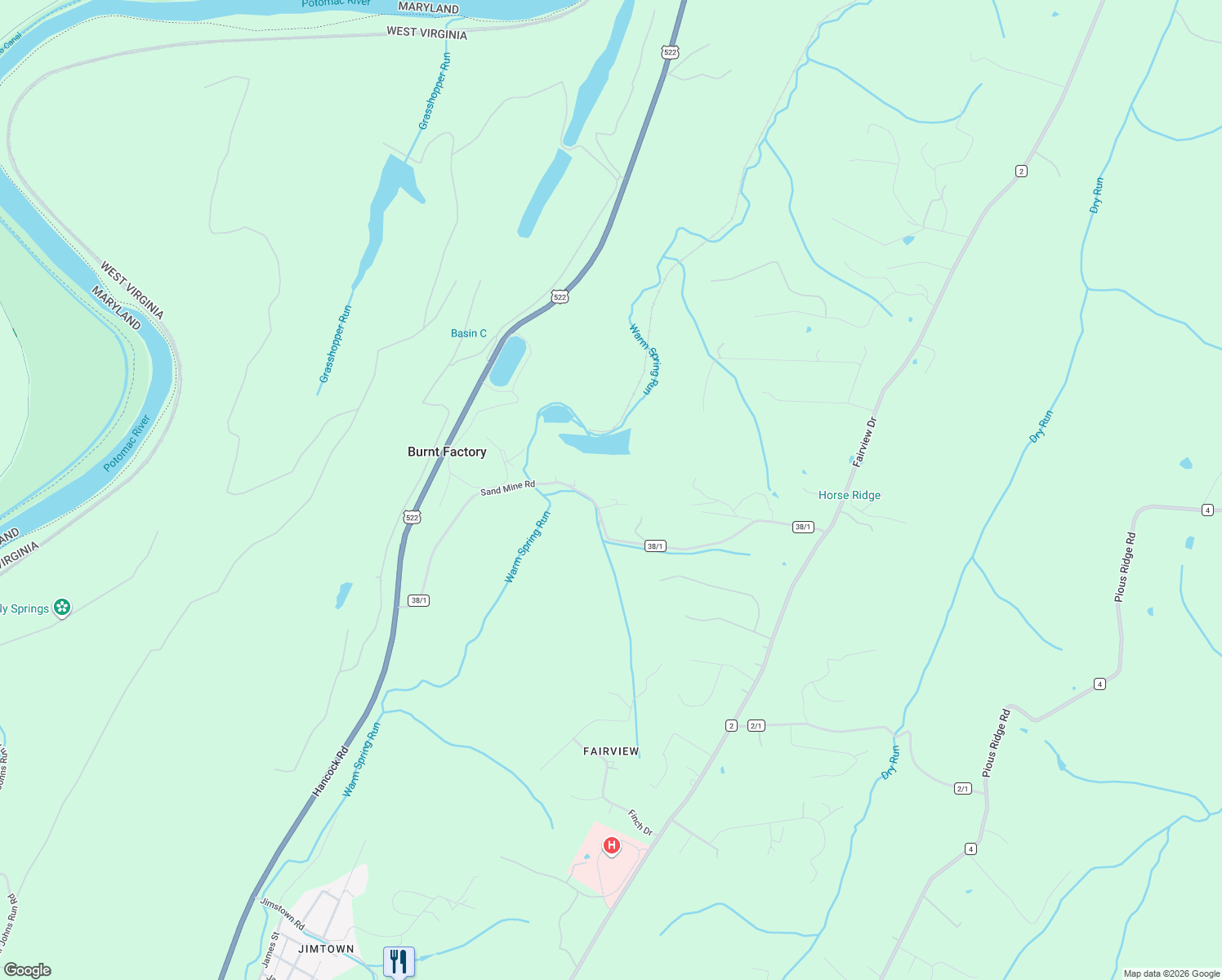 map of restaurants, bars, coffee shops, grocery stores, and more near 59 Augusta Lane in Berkeley Springs
