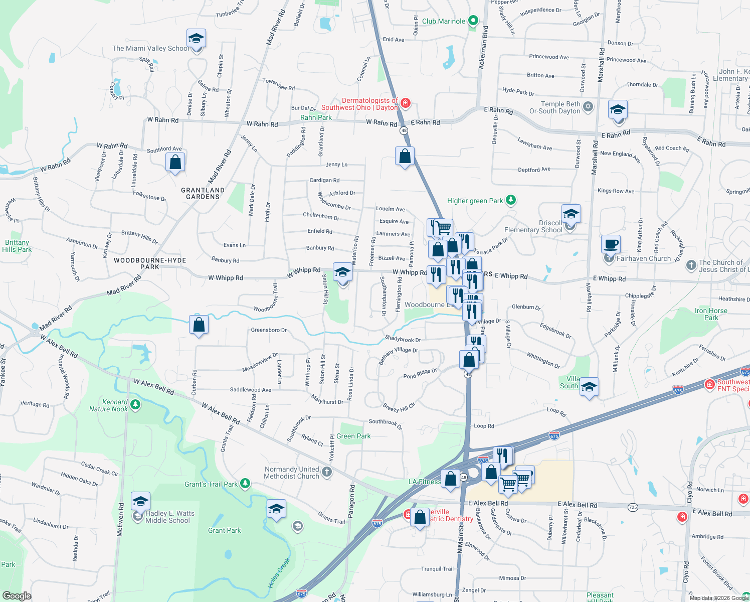map of restaurants, bars, coffee shops, grocery stores, and more near 234 Sanderson Drive in Woodbourne-Hyde Park