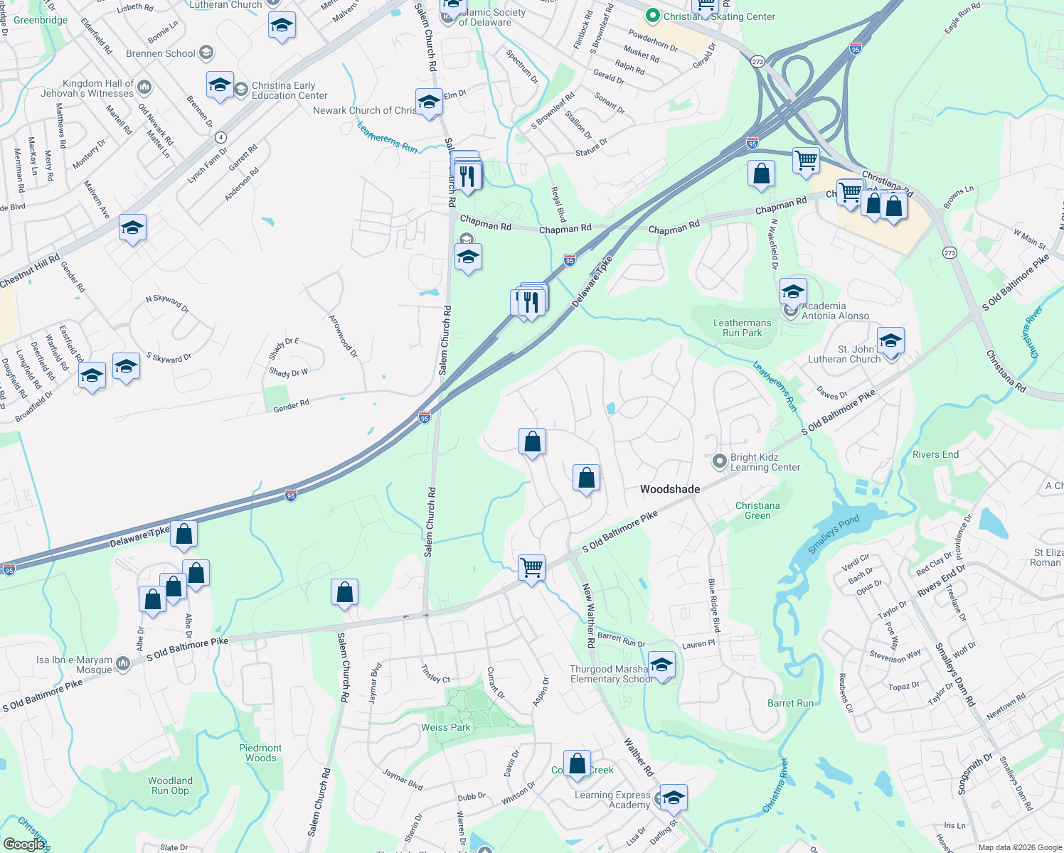 map of restaurants, bars, coffee shops, grocery stores, and more near 540 West Hummock Lane in Newark