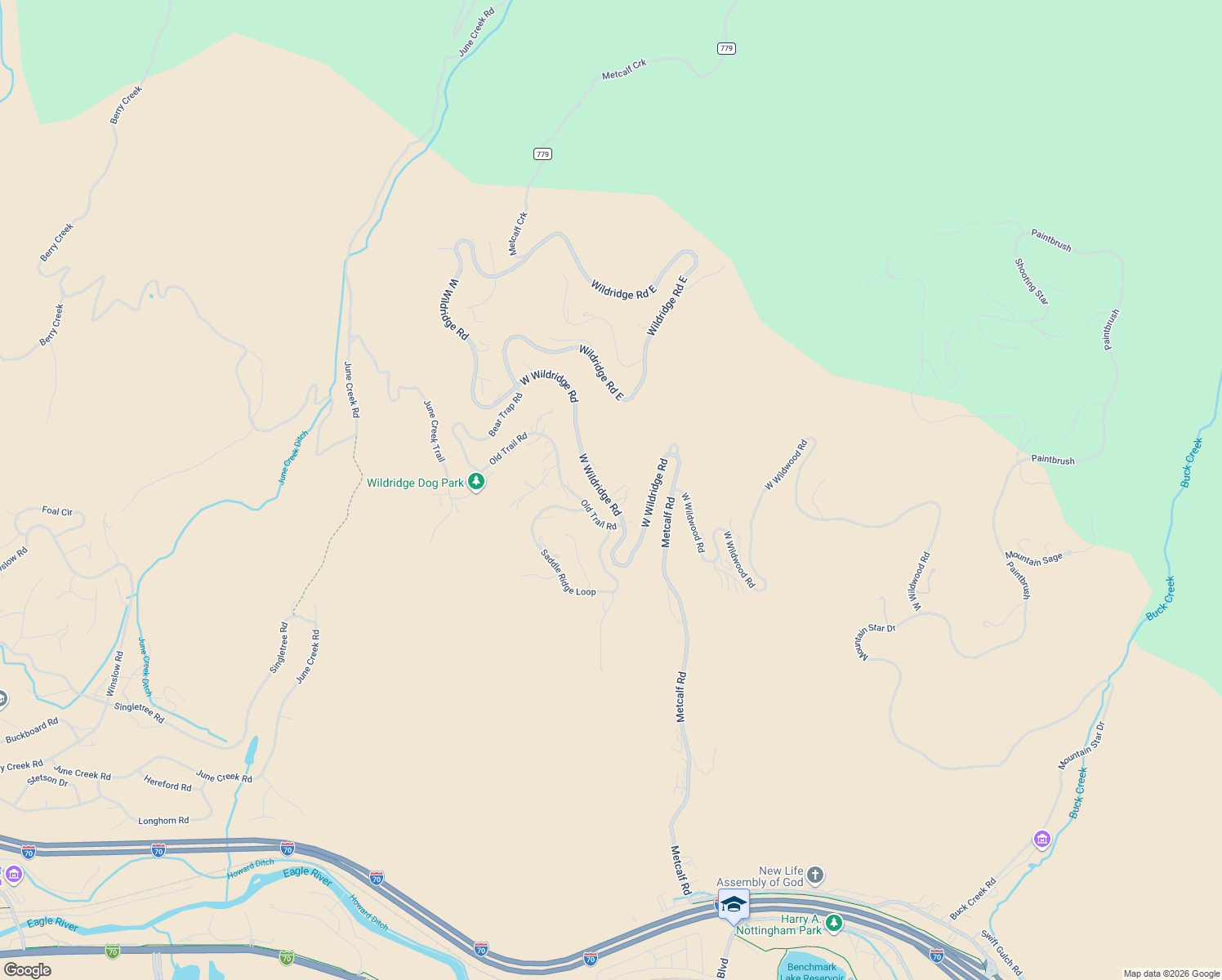 map of restaurants, bars, coffee shops, grocery stores, and more near 3028 Wildridge Road in Edwards