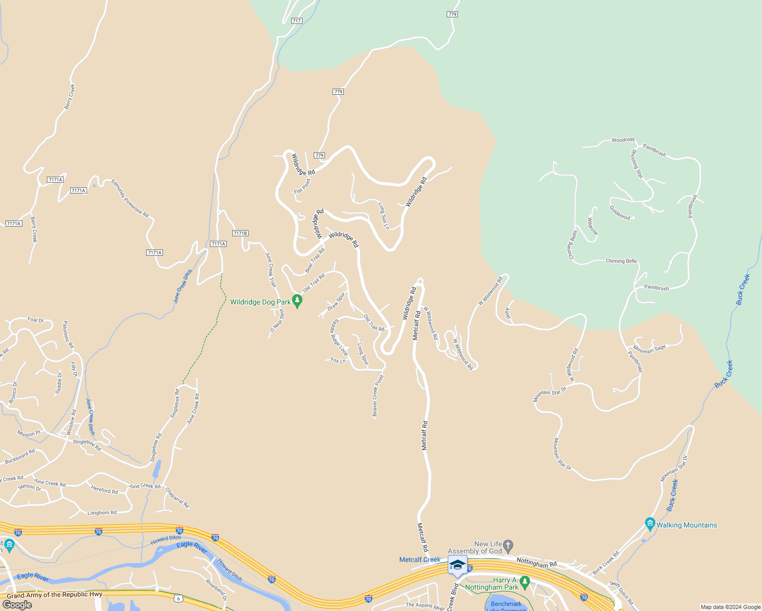 map of restaurants, bars, coffee shops, grocery stores, and more near 3028 Wildridge Road in Edwards
