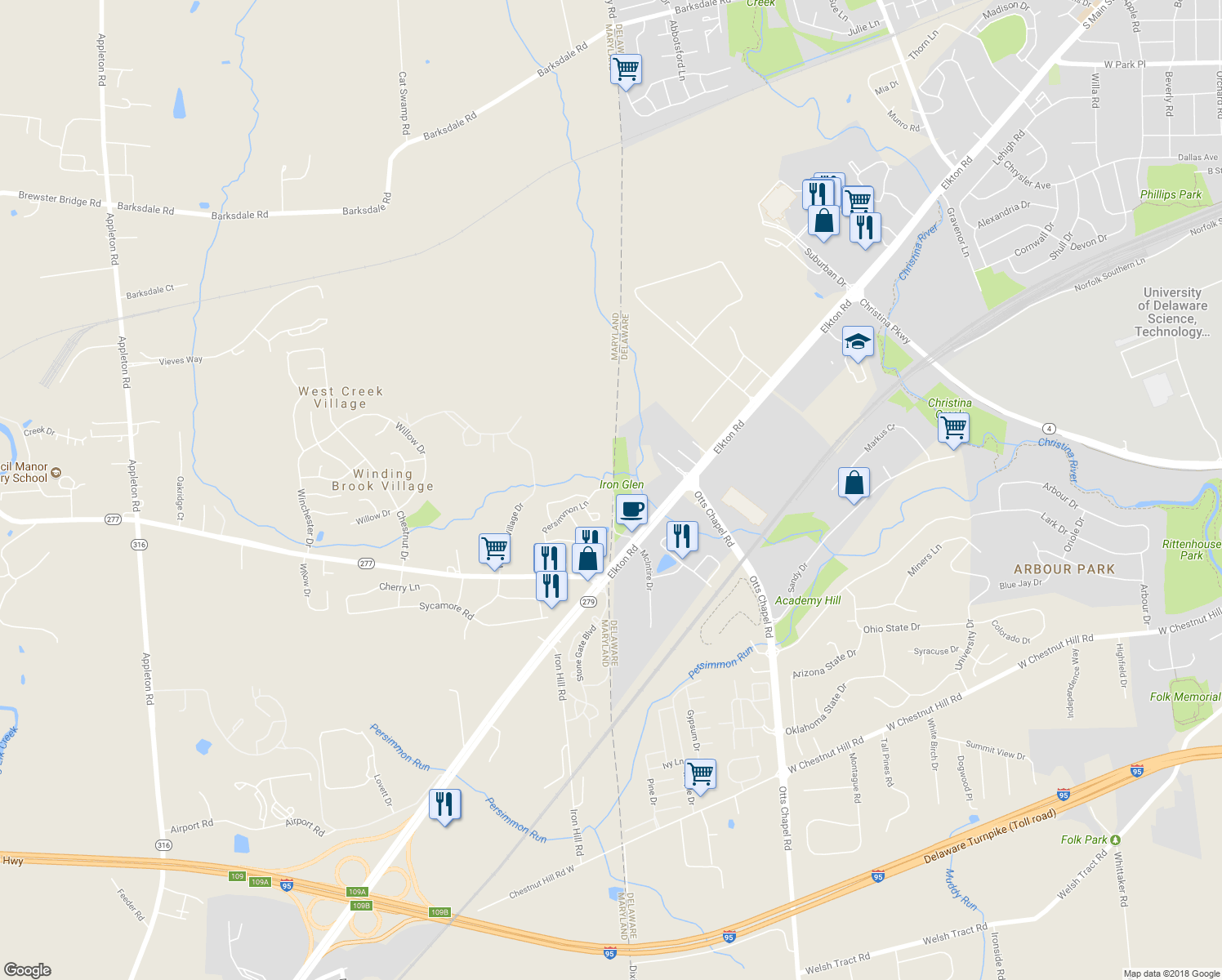 map of restaurants, bars, coffee shops, grocery stores, and more near 36 Whitetail Way in Elkton