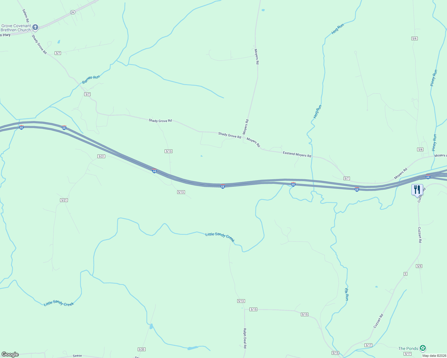 map of restaurants, bars, coffee shops, grocery stores, and more near Interstate 68 in Bruceton Mills