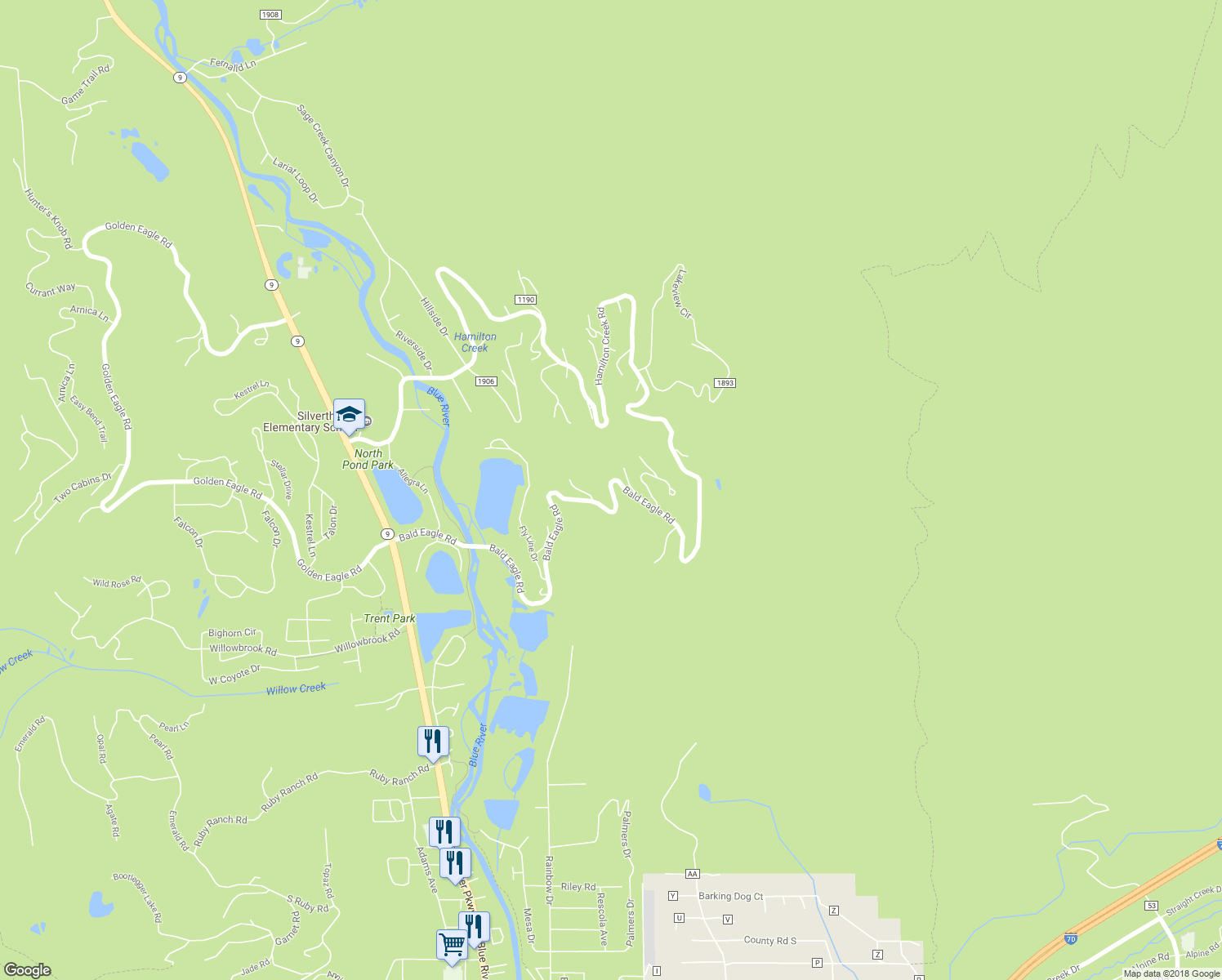map of restaurants, bars, coffee shops, grocery stores, and more near 988 Bald Eagle Road in Silverthorne
