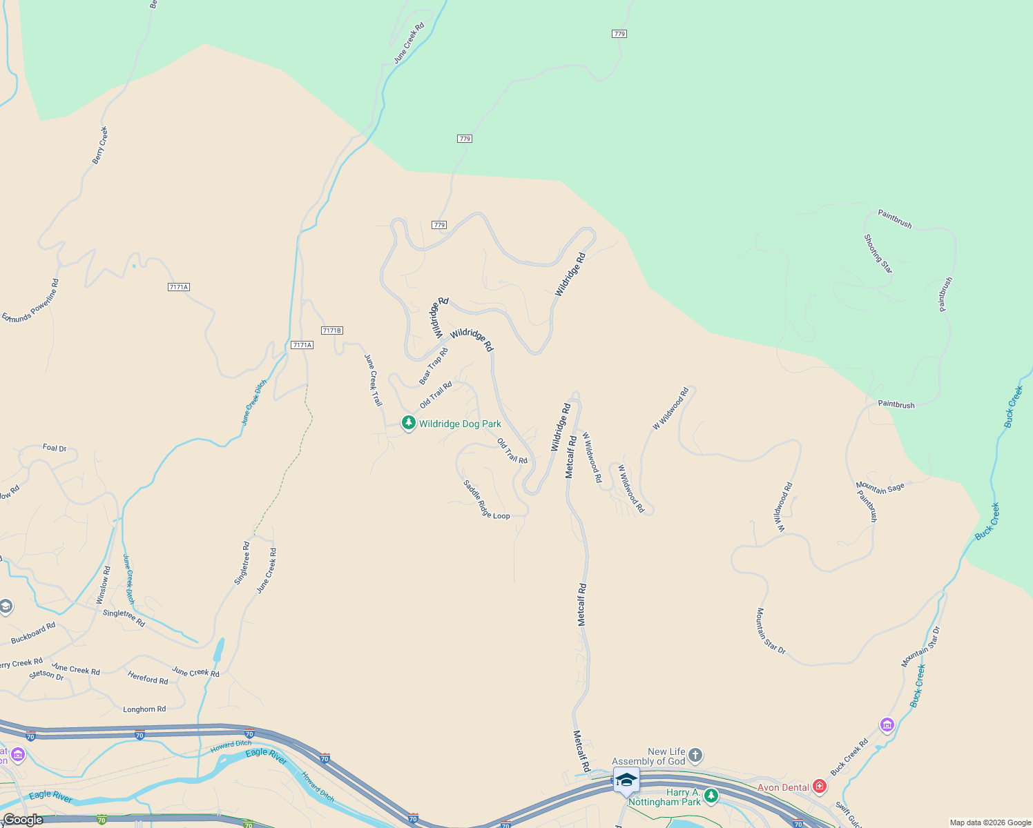 map of restaurants, bars, coffee shops, grocery stores, and more near 3078 Wildridge Road in Edwards