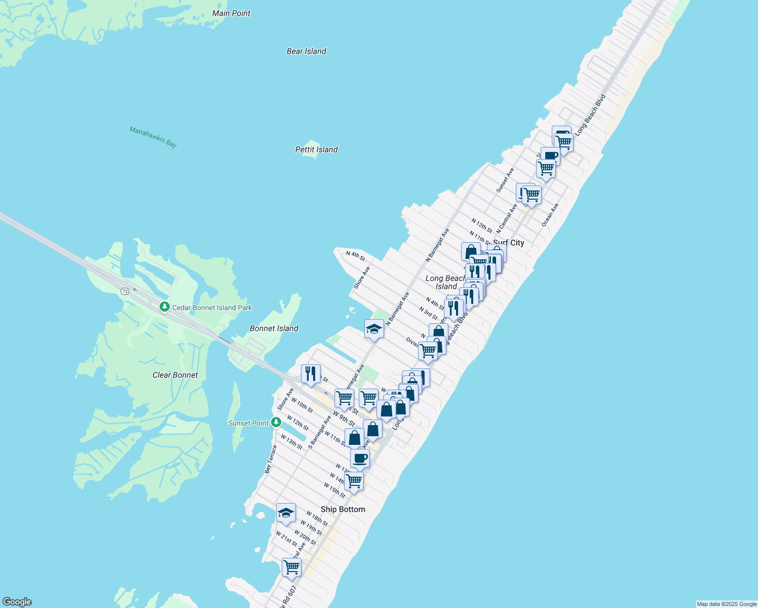 map of restaurants, bars, coffee shops, grocery stores, and more near 337 N 1st St in Surf City