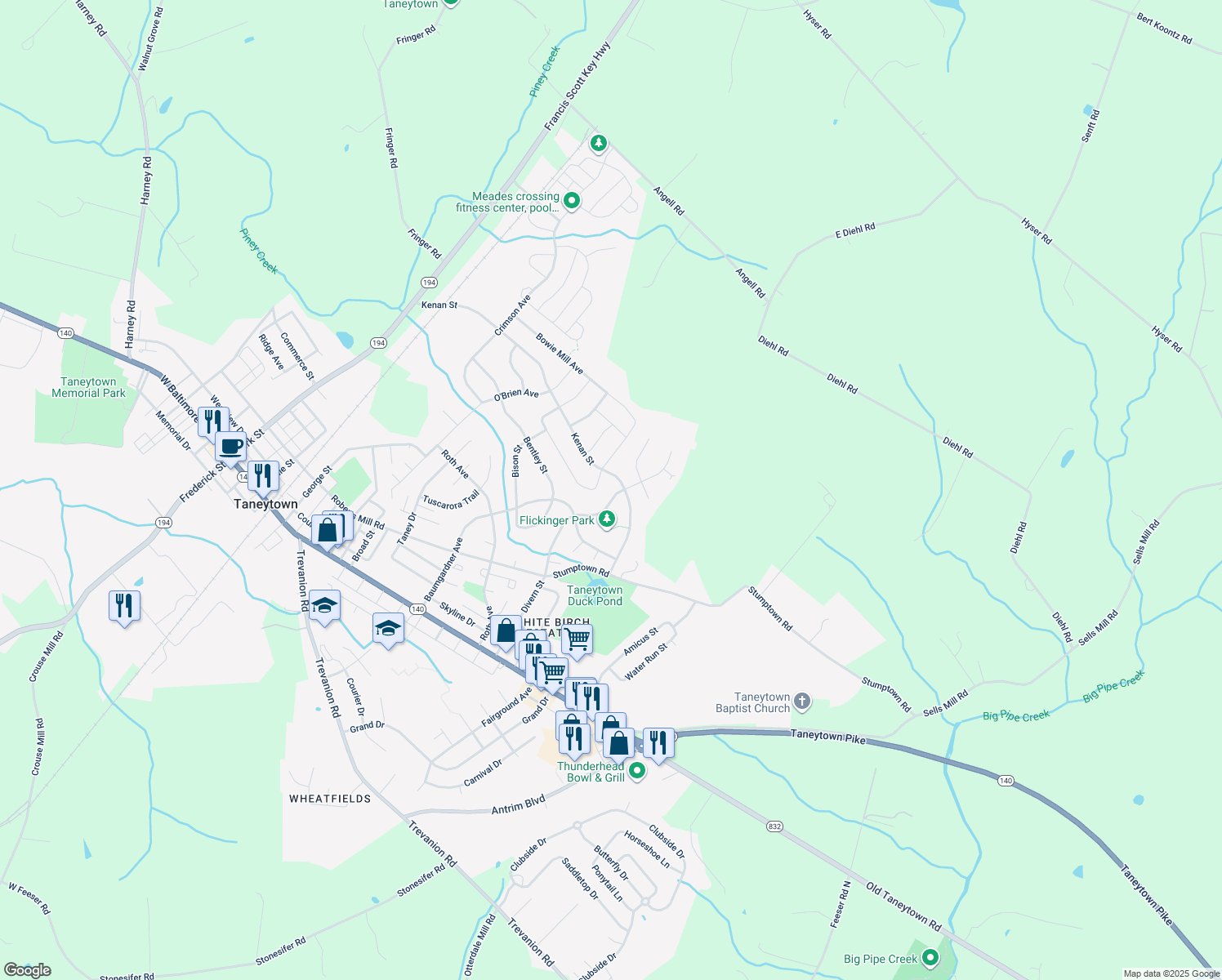map of restaurants, bars, coffee shops, grocery stores, and more near 48 Bancroft Street in Taneytown