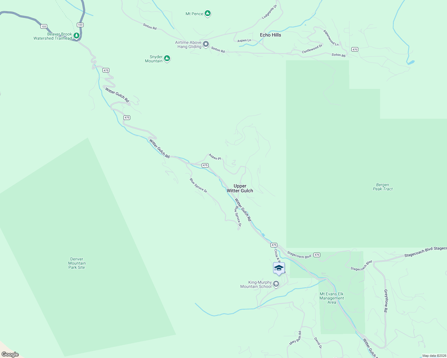 map of restaurants, bars, coffee shops, grocery stores, and more near 2233 Witter Gulch Road in Evergreen