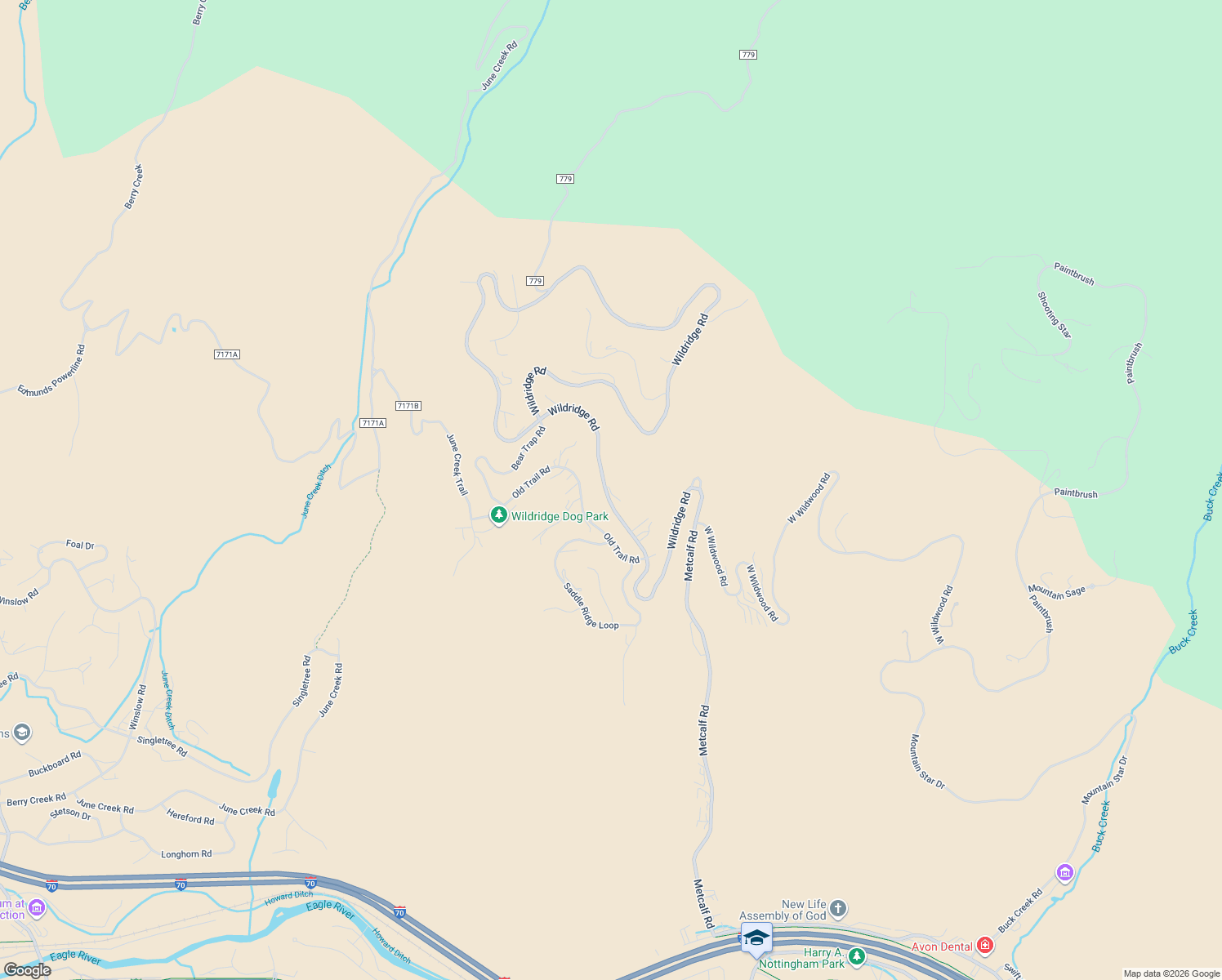 map of restaurants, bars, coffee shops, grocery stores, and more near 3078 Wildridge Road in Edwards