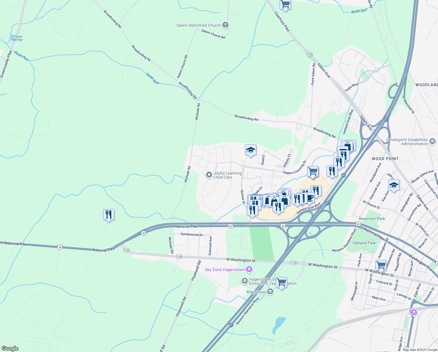 map of restaurants, bars, coffee shops, grocery stores, and more near 12432 Gemstone Drive in Hagerstown