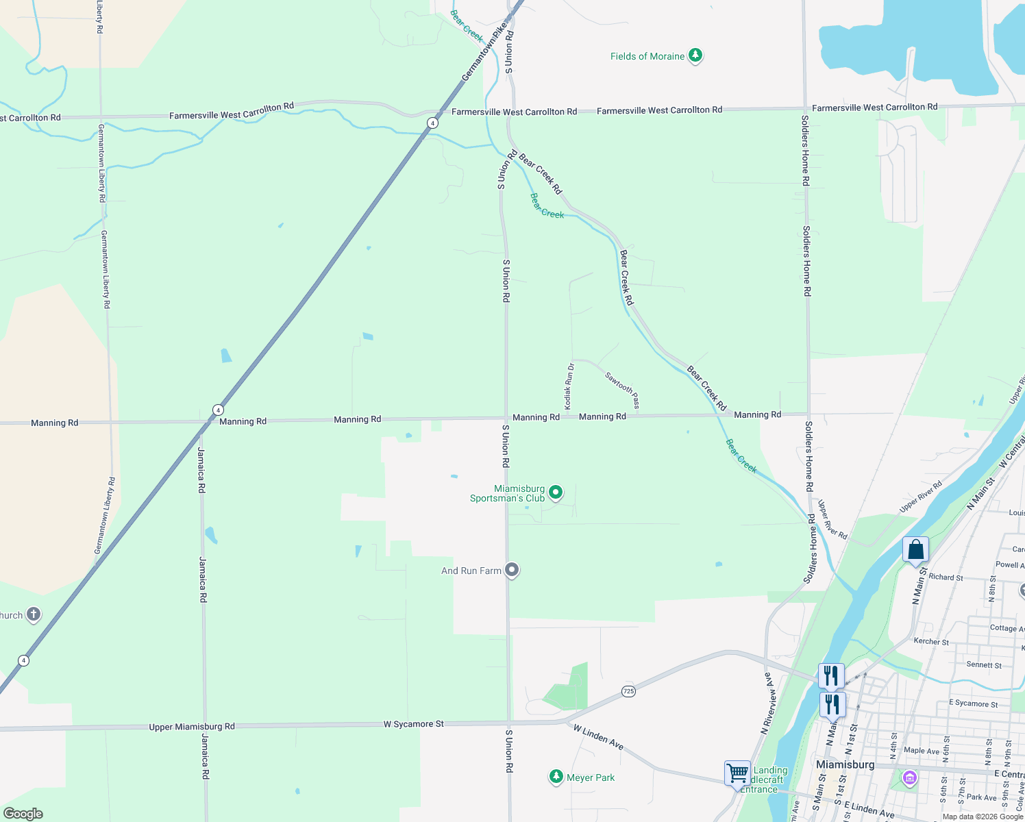 map of restaurants, bars, coffee shops, grocery stores, and more near 6999 Manning Road in Miamisburg