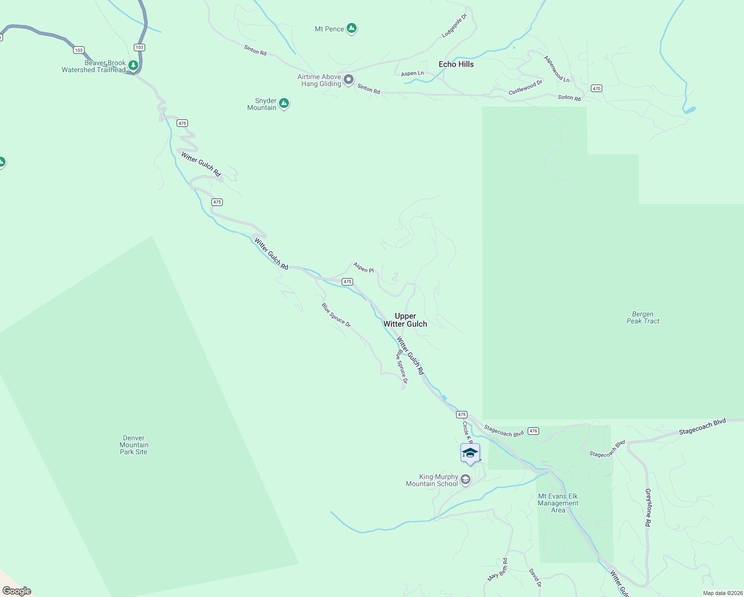 map of restaurants, bars, coffee shops, grocery stores, and more near 2233 Witter Gulch Road in Evergreen