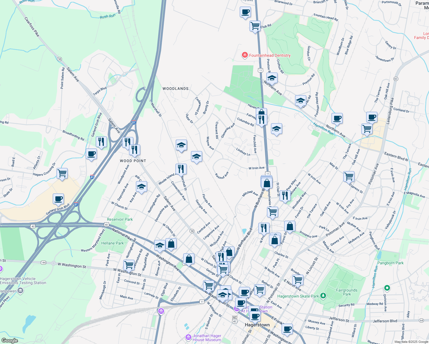 map of restaurants, bars, coffee shops, grocery stores, and more near 924 Kasinof Avenue in Hagerstown